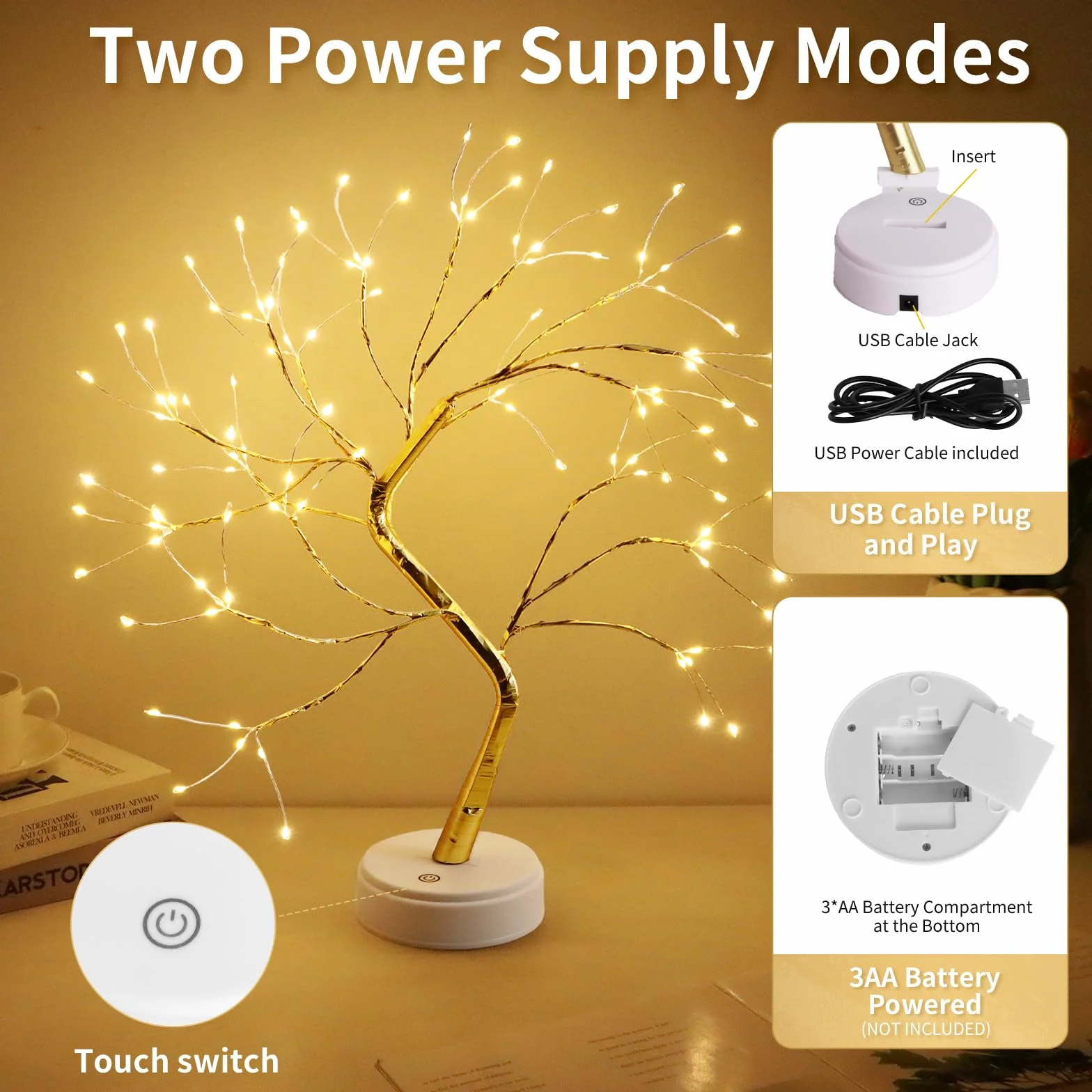 CNMTCCO LED albero luce, decorazione regolabile per interni alimentata da USB/batteria, luce bianca calda per Natale, soggiorno, camera da letto