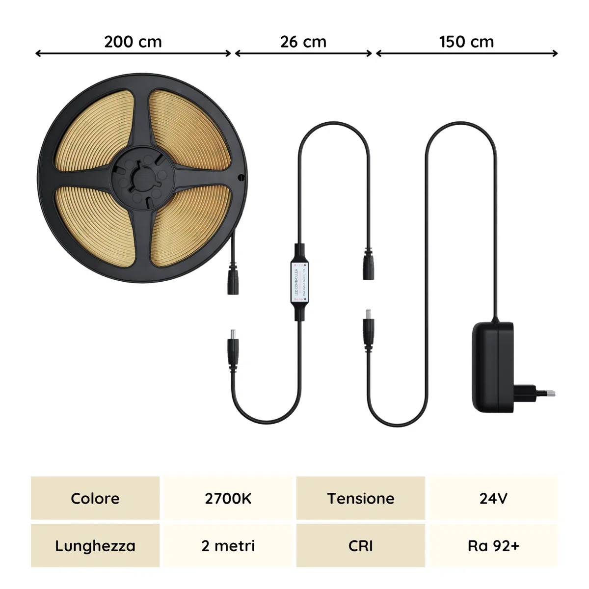 Striscia LED COB 2 Metri Bianco Naturale, Luci LED Strisce Sottopensile Cucina, Camera e TV Light Strip. Luce Interne Adesive Dimmerabili, 480LED/m, 4000K. Include Telecomando, Trasformatore 24V