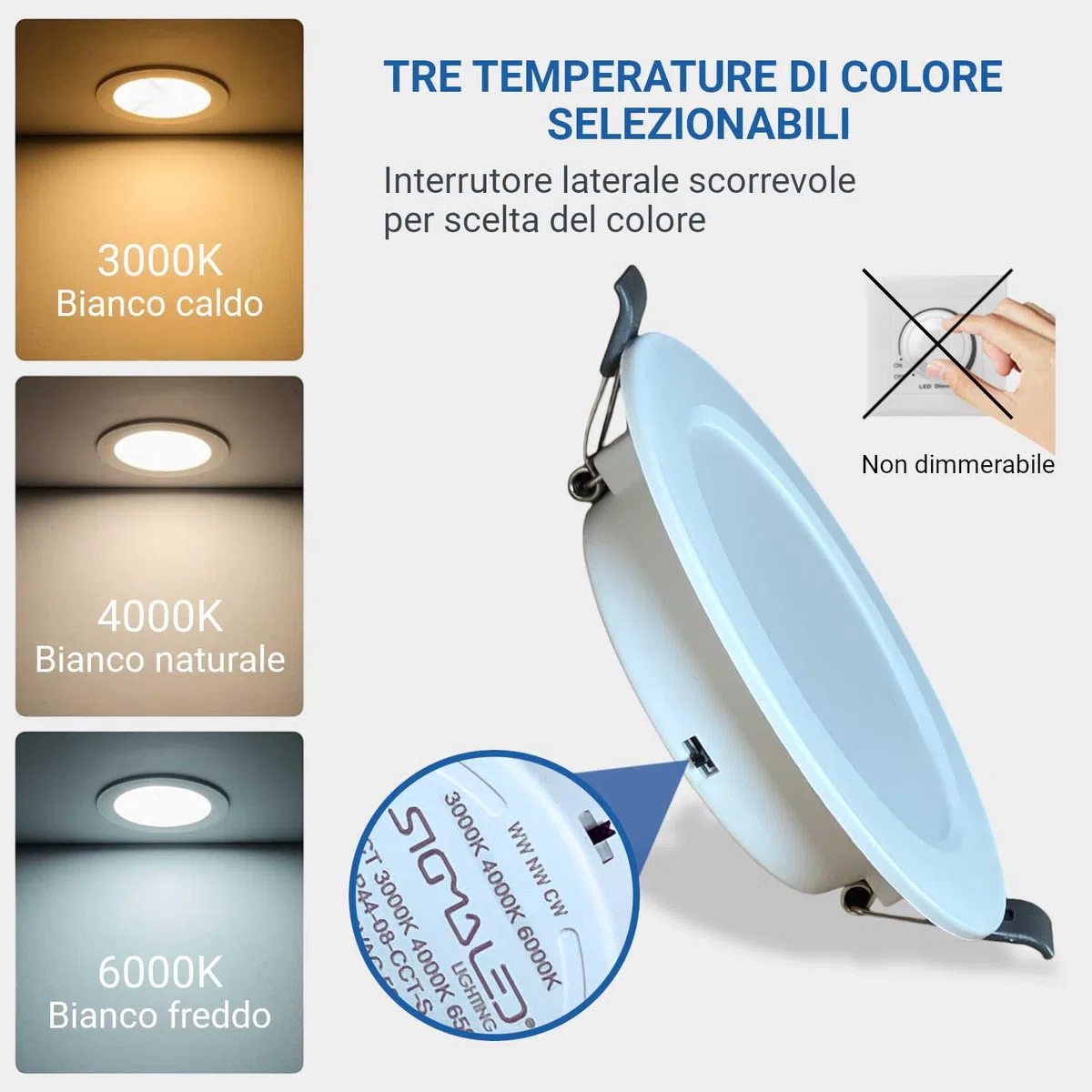 Sigmaled lighting – 6 Faretti LED da Incasso 4W, Spot Ultra Slim 360 lm, 3 Colori Luce Calda Naturale Fredda, IP44 Bagno Interno Esterno Coperto, Cartongesso Soffitto, Foro Ø70–80 mm, 220–240V