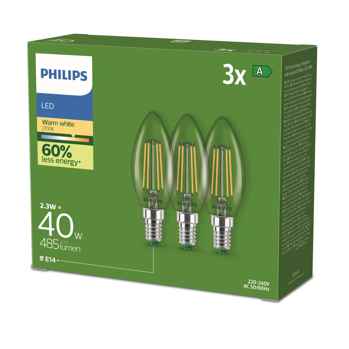 Philips LED UltraEfficient, Lampadina Candela, Vetro, Filamento, Attacco E14, equivalente a 40W, Luce Bianca Calda 2700K, confezione da 3