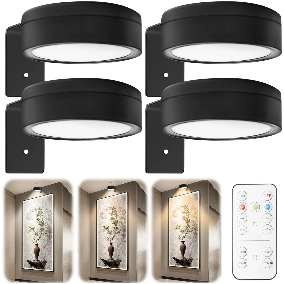 4 pezzi di lampada da parete magnetica senza fili con telecomando, illuminazione vetrina dimmerabile, 3 modalità di colore, LED, batteria, per soggiorno, camera da letto, scala