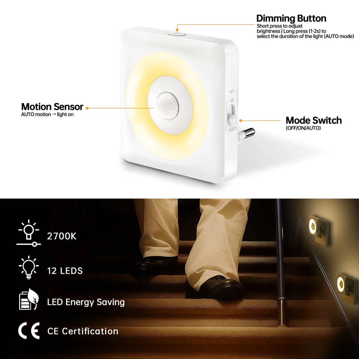 Luce Notturna Bambini da Presa, [2 Pezzi] 2700K Luci Notturne con Sensore Movimento Modalità Sensore o Sempre Accesa Regolabile, Certificata CE per Interni da Letto, Soggiorno e Bagno
