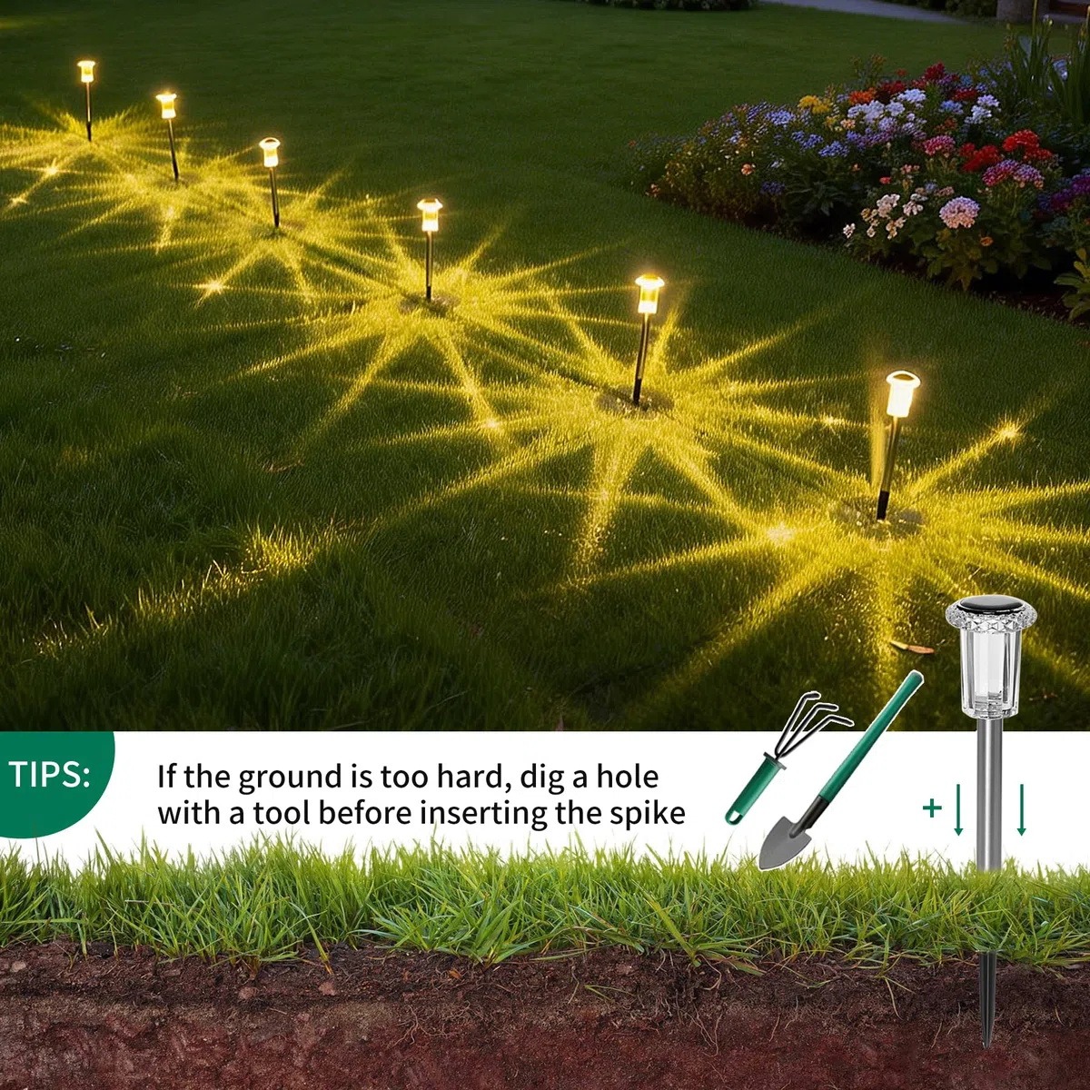 Luci Solari da Giardino a LED–Lampade Solari da Esterno (Set da 6)–Illuminazione Solare da Giardino Bianco Caldo–Decorazione Solare da Giardino Impermeabile IP44 per Prati, Ambienti Esterni e Giardini