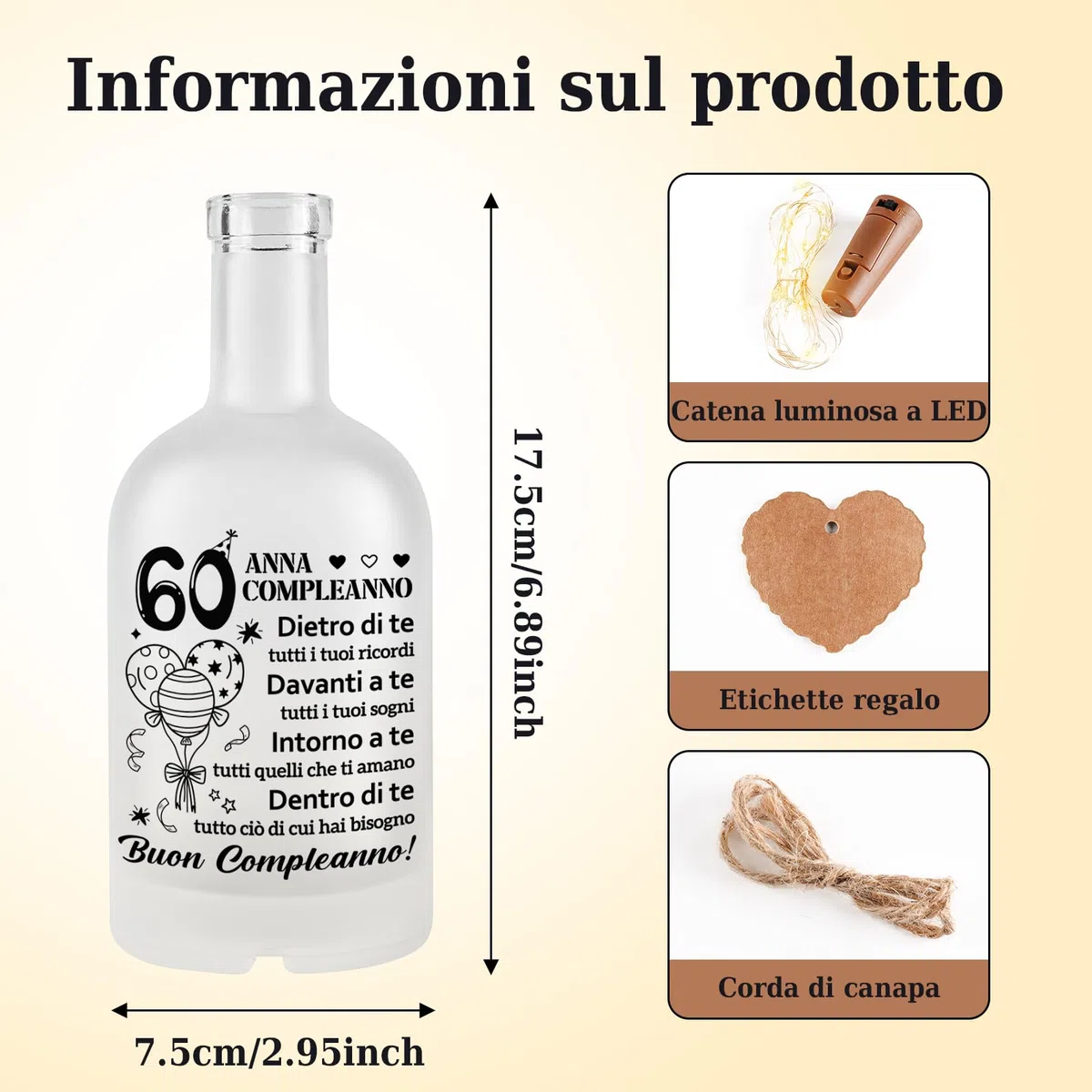 60 Anni Compleanno Donna, Regalo 60 Anni Donna, Luce Notturna in Bottiglia di Vetro, Regalo Natale, Idee Regali Compleanno Nonna, Mama, Moglie, Zie, Amica, Sorella