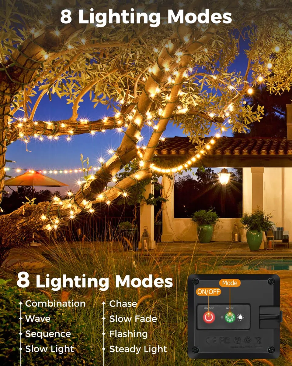 btfarm 2 Pezzi Luci Solari Esterno, 6M 60LED Catena Luminosa Esterno Solare IP65 Impermeabile, 8 Modalità Lucine Natale Esterne Energia Solar Decorative per Giardino Albero Patio, Bianco Caldo