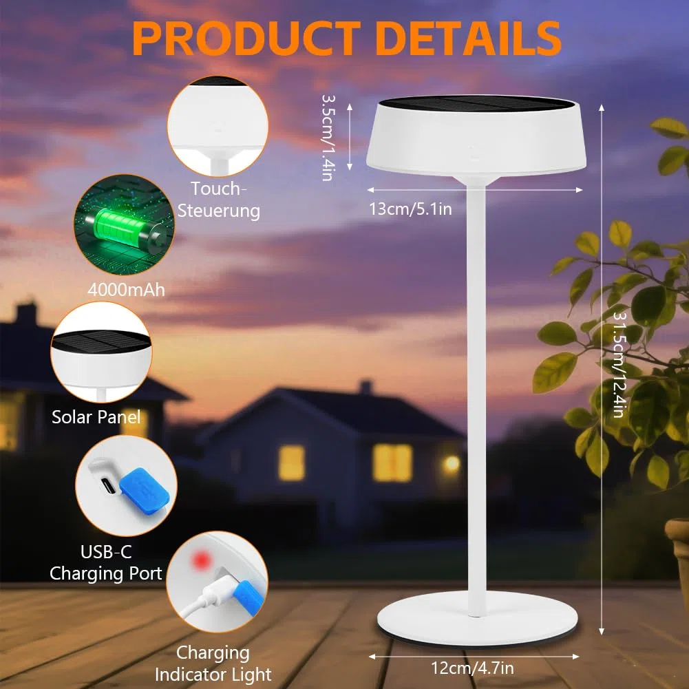 HOTUT Lampada da Tavolo Solare LED Dimmable all'aperto, Lampada da Tavolo a LED Senza Fili per Interni ed Esterni, Carica Solare e USB 2 in 1, IP65 Impermeabile, per Giardino Campeggio Camera da Letto