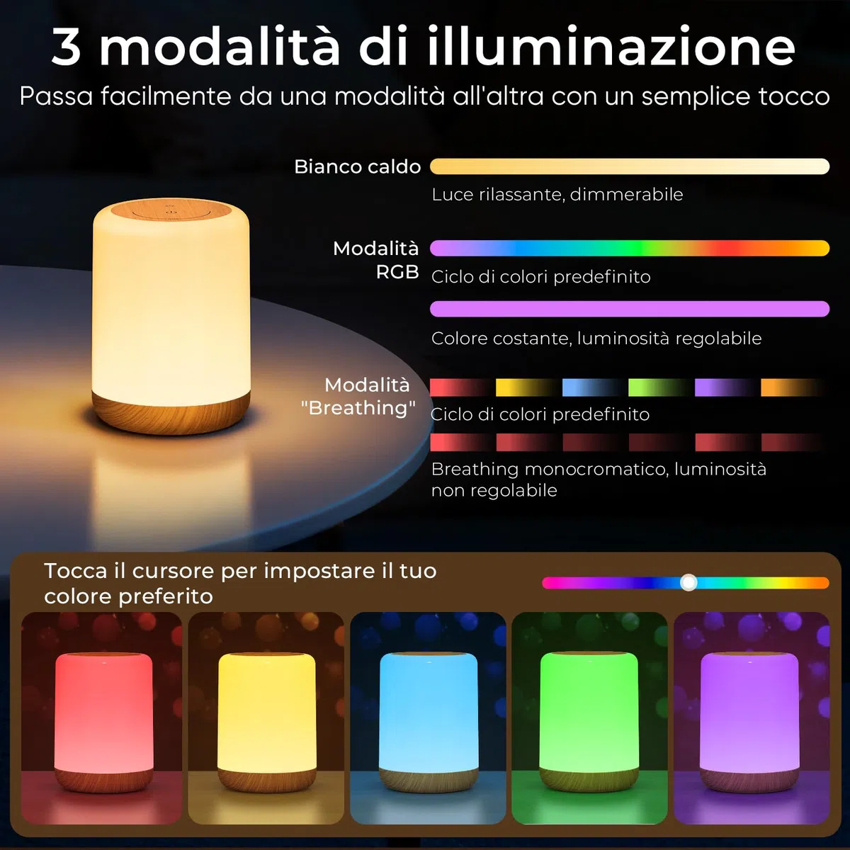 VIWAVE Lampada da Comodino LED Touch, Abat Jour da Comodino con 256 Colore RGB e 3 Modalità, Luce Notturna Bambini con Timer e Memoria, Lampada da Tavolo Ricaricabile Senza Fili per Camera da Letto