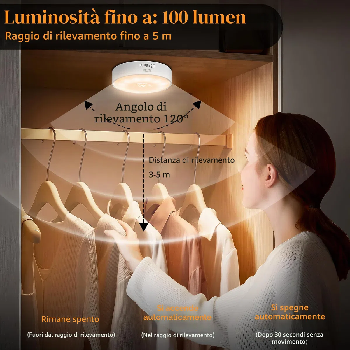 Luci con sensore di movimento per interni, confezione da 6 luci wireless ricaricabili USB per armadietti, luci notturne da parete, funzionamento a batteria, per scale, guardaroba, corridoi, armadi