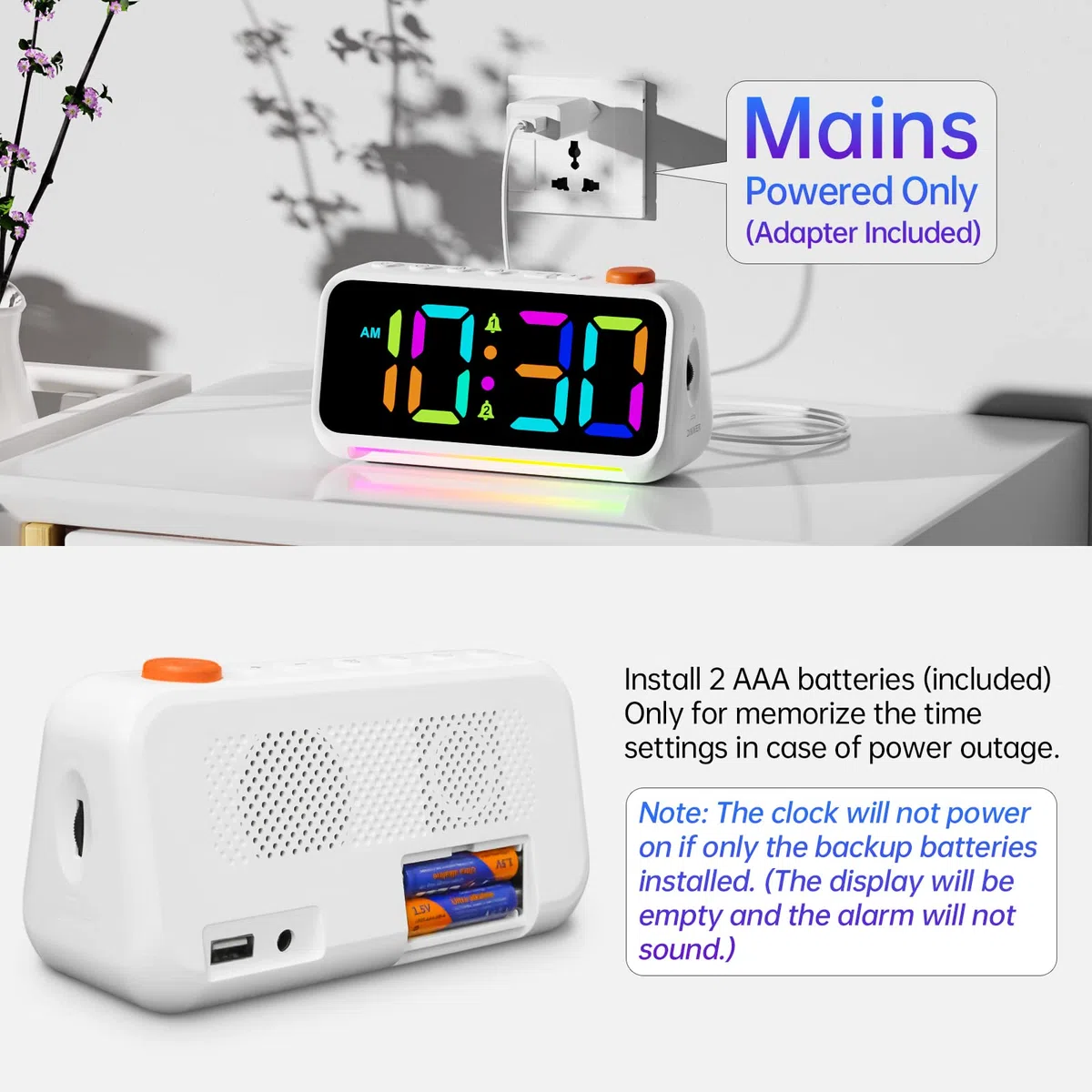 CHEREEKI Sveglia Digitale da Comodino LED con Luce Notturna RGB Dinamica, Luminosità e Volume Regolabili, 2 allarmi, Funzione Snooze, Sveglia Elettrica Adatta a Bambini e Adulti