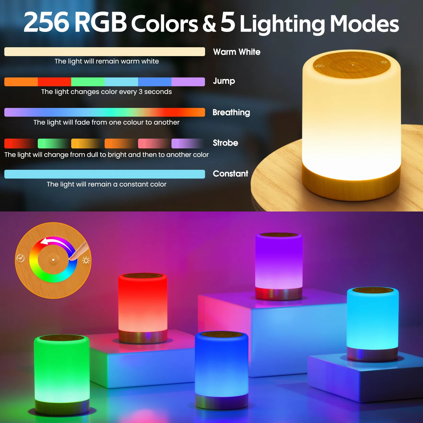 Lampada da Comodino Senza Fili Touch Dimmerabile, 5 Modalità 256 RGB e Blanco Cálido Luce Notturna Bambini Neonato, Lampade da Tavolo Ricaricabili USB con Timer, LED Lampada Camera da Letto