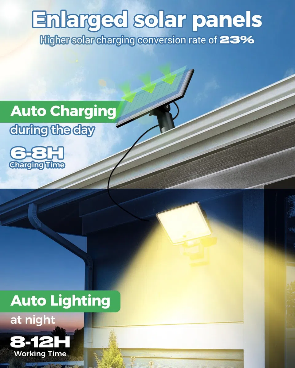 LOTMOS 342 LED Faretti Solari a Led da Esterno, Luce Solare con Sensore di Movimento Impermeabile IP65, 3 Modalità Faretto Led da Esterno Solare con Telecomando per Giardino, Bianco Caldo