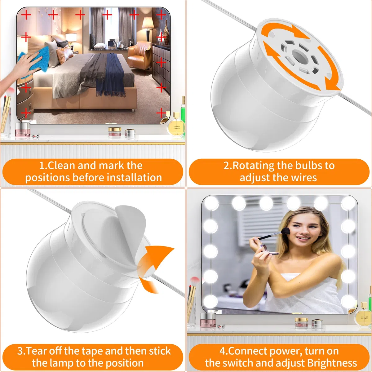 daphomeu USB Luci per Specchio da Trucco, 14 Lampadine Dimmerabili, Luci da Specchio Hollywood con 3 Modalità Colore, Make Up Luci a LED per Trucco Cosmetico Bagno