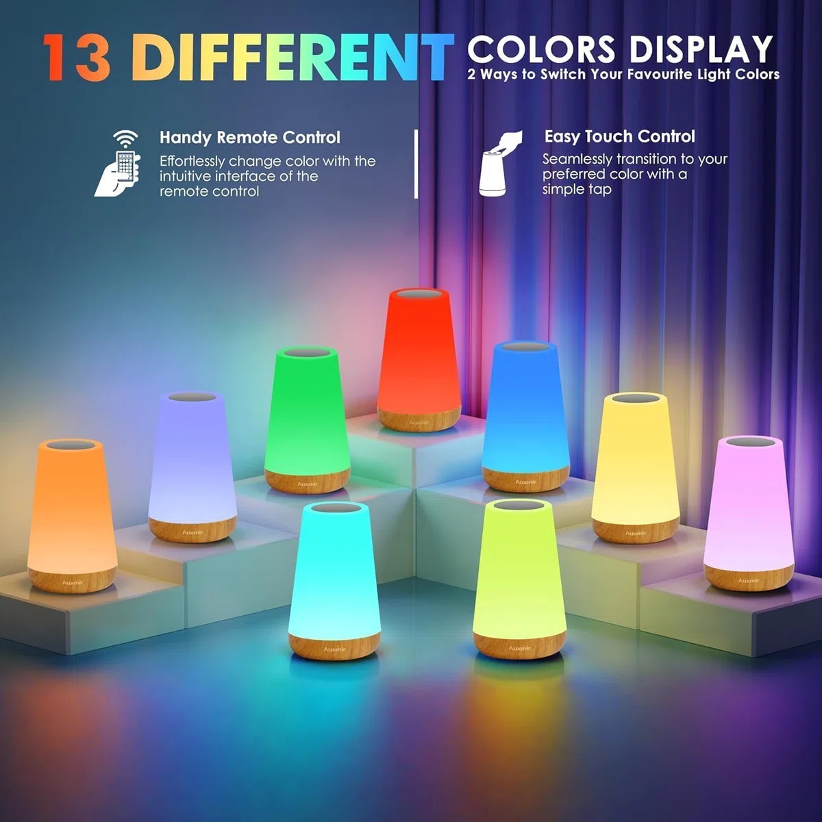 Auxmir Lampada da Comodino, Abat Jour da Comodino LED Colorata con 13 Colori, Luminosità Regolabile e 5 Modalità, Touch e Telecomando, 2500mAh Ricaricabile, Luce Notturna Bambini per Camera da letto