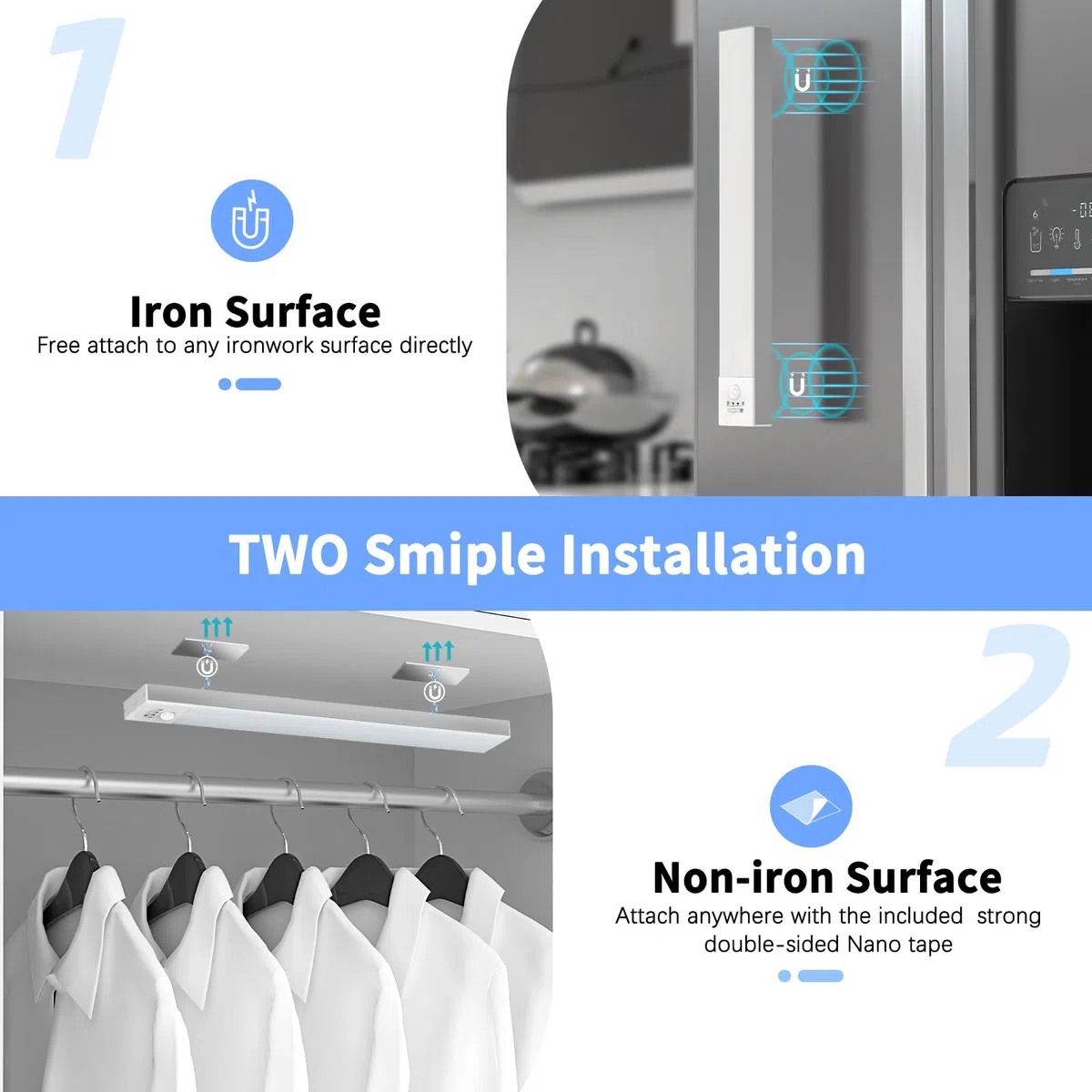 Luce Armadio LED con Sensore di Movimento, 4 Modalità Luce Sottopensile Cucina, USB Lampada LED Ricaricabile, Senza Fili Luci Notturna per Armadio Cucina Scale Corridoio Garage