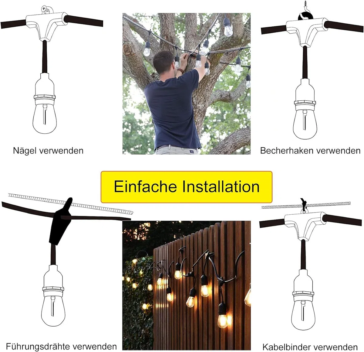 SQUADO Catena Luminosa E27 Catenaria 10 Portalampade Da 10 Metri, Cavo Nero Prolungabile led Cordoniera Uso Sia Esterno Che Interno