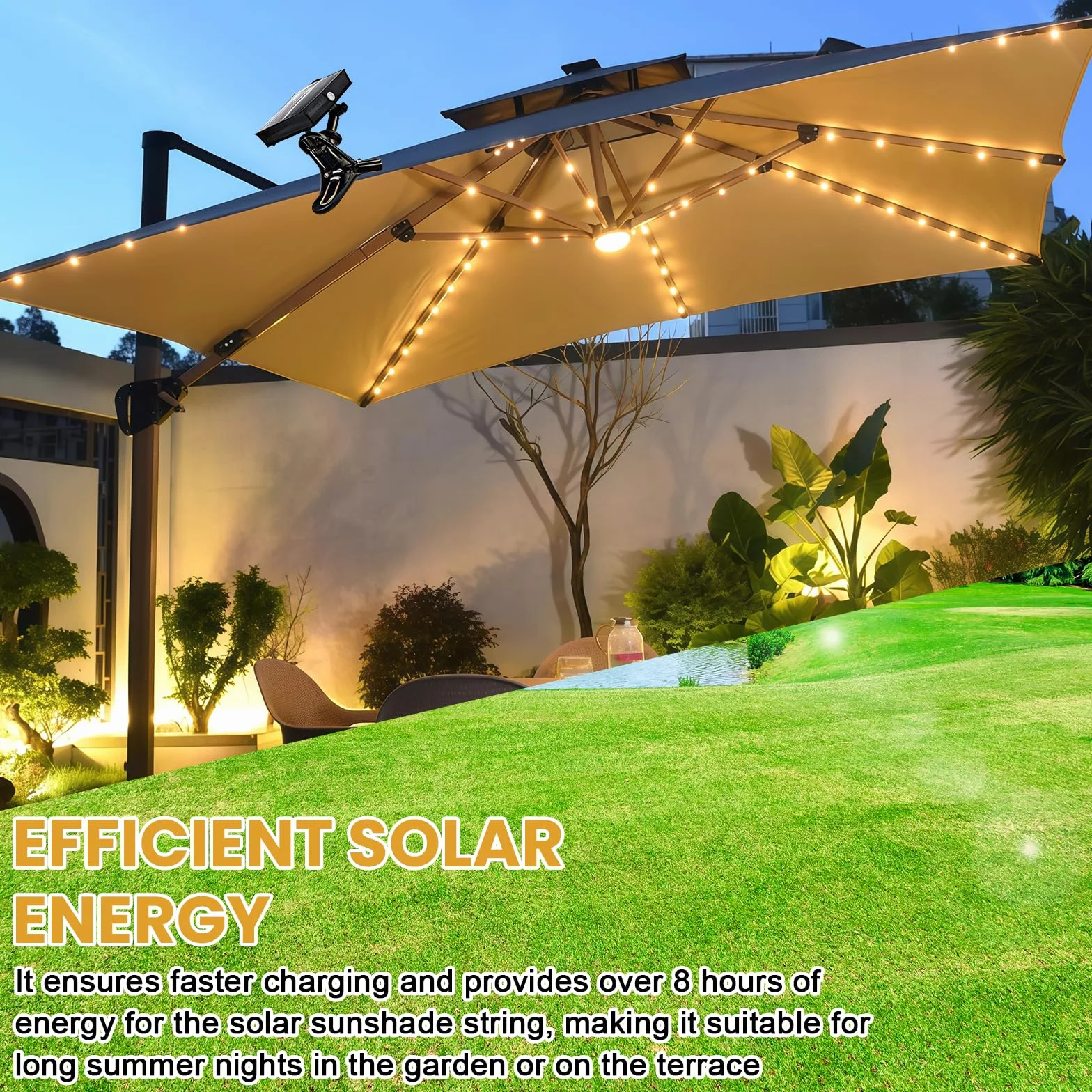 Catena di luci per ombrellone solare, illuminazione con telecomando, LED 8 modalità, 104 LED, luce, IP67, impermeabili da giardino, baldacchino