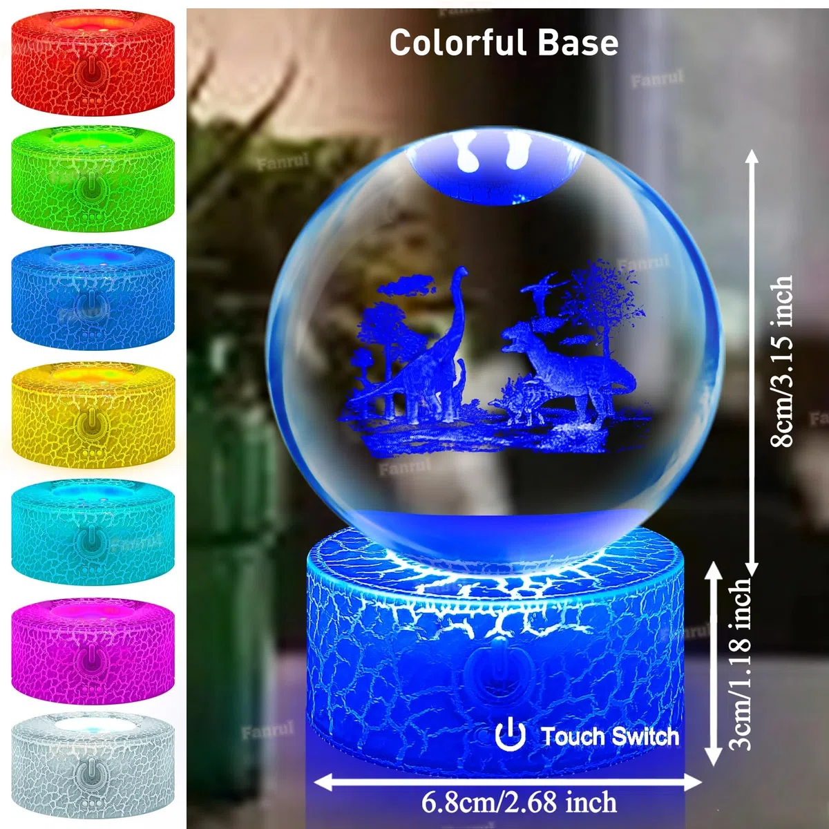 Fanrui Lampada Dinosauro | 3,15” Dinosauro Figurina Sfera di Cristallo | 16 Colori Cambia Lampada da Tavolo | Dinosauro Dimmerabile Telecomando Luce Notturna | Regali di Natale per Bambini Ragazzi
