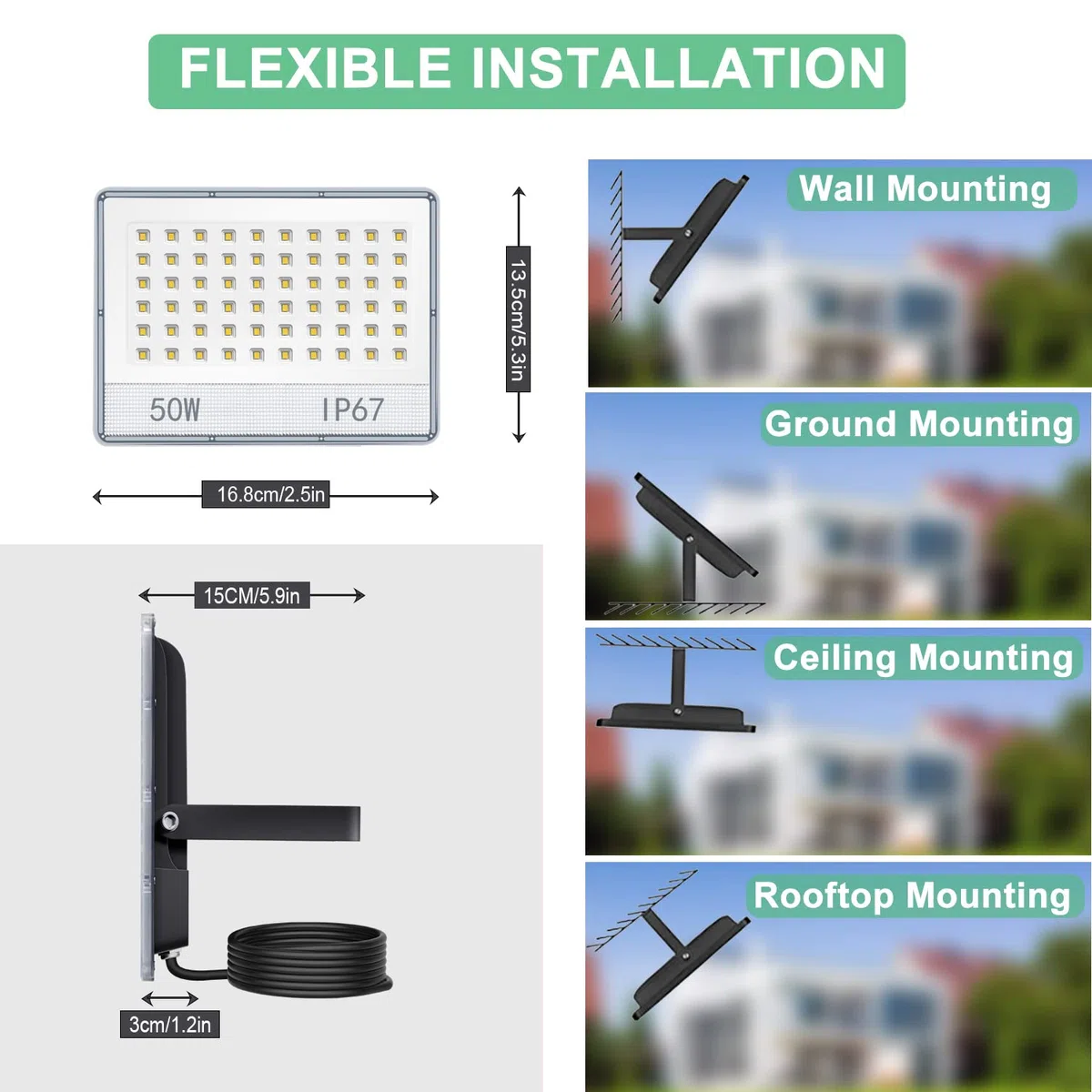 Faretto LED 50W, 5000LM Faretto LED da Esterno Super Luminoso, IP67 Impermeabile Faretti Led Esterni, 6500K Bianco Freddo Faro LED Esterno, Fari Led per Cortile, Giardino, Garage