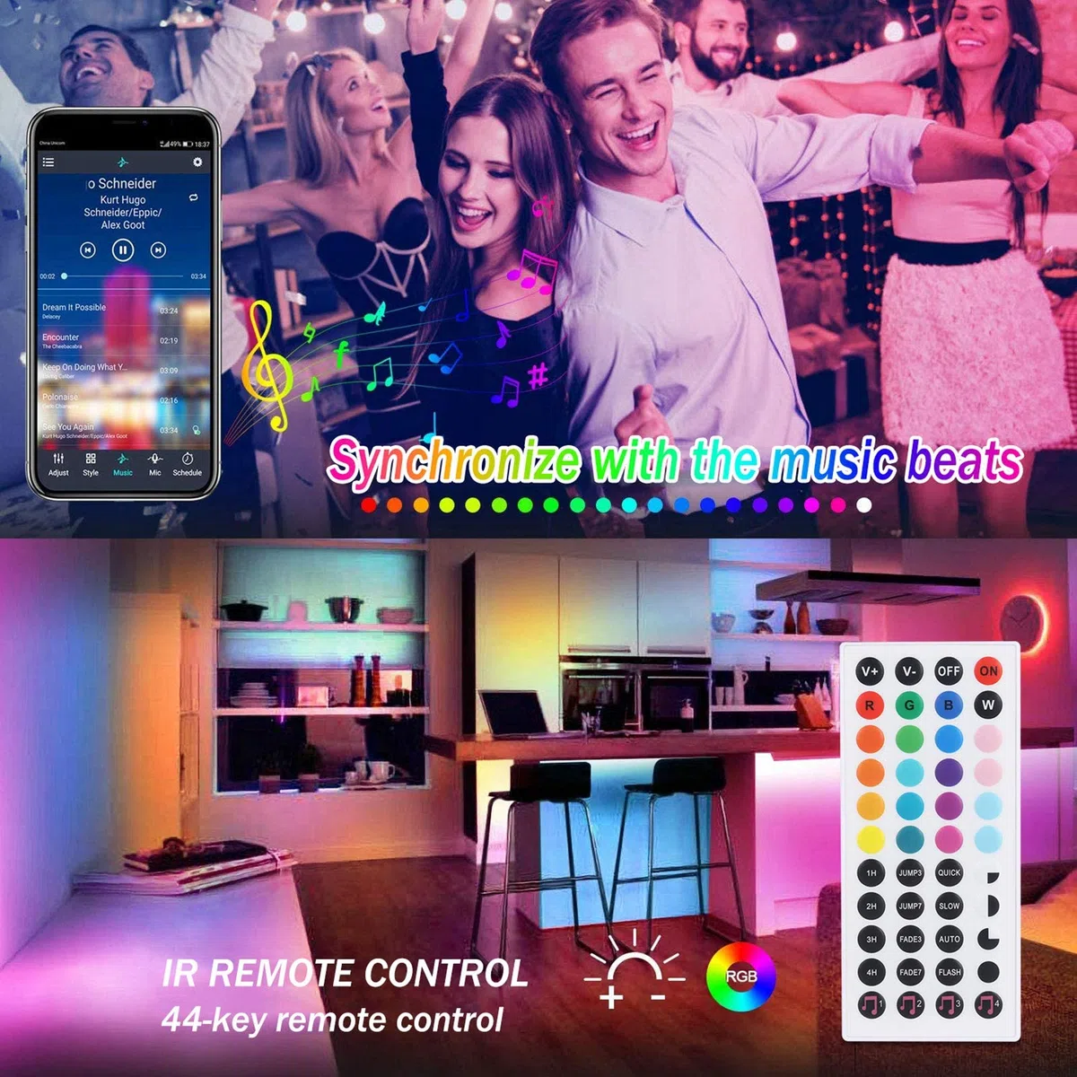 Striscia LED 5M Bluetooth, ALED LIGHT Strisce Luci Led RGB 5050 SMD con DC 12V Alimentatore e 44 Tasti Telecomando e Ricevitore, Nastro LED Decorazione per Natale Feste Casa Matrimonio