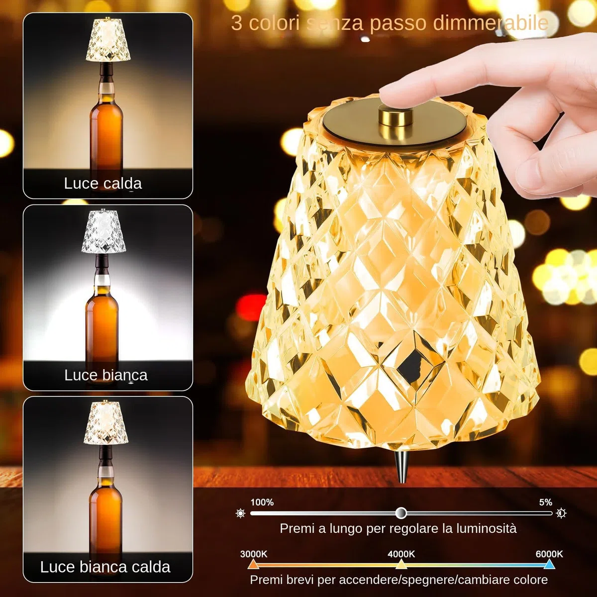 Lampada da Bottiglia Senza Fili, Tappo Lampada per Bottiglia Ricaricabile USB-C, Paralume Touch Dimming Senza Fili 3 Colori, per Camera da Comodino Soggiorno Cucina Sala da Pranzo
