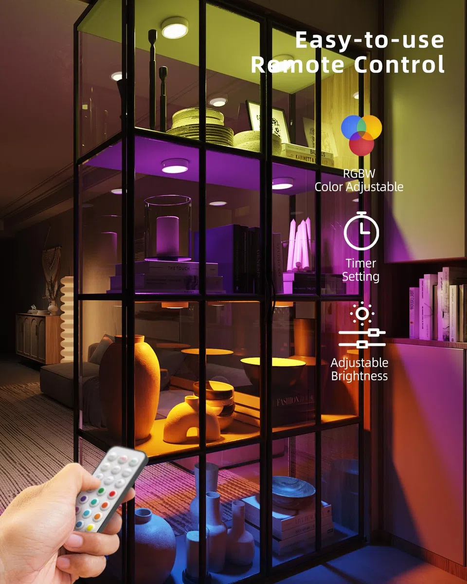 Faretto RGB a Batteria Ricaricabile con Telecomando, 2400mAh Luci Armadio Colorate Luce Vetrina Senza Fili Lampada Notturna USB Illuminazione per Sottopensile Cucina, Scale, Guardaroba, Sotto Mensola