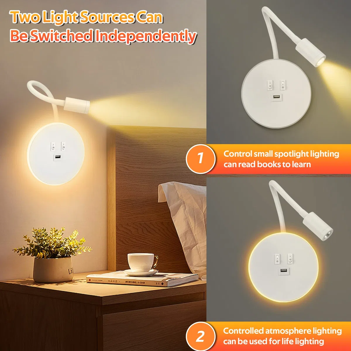 Weigudoc Lampada da Lettura a Collo D'oca a LED, Lampada da Parete, Lampada da Lettura da Comodino, Lampada da Parete Regolabile da Comodino con Porta di Ricarica USB e Interruttore(White)