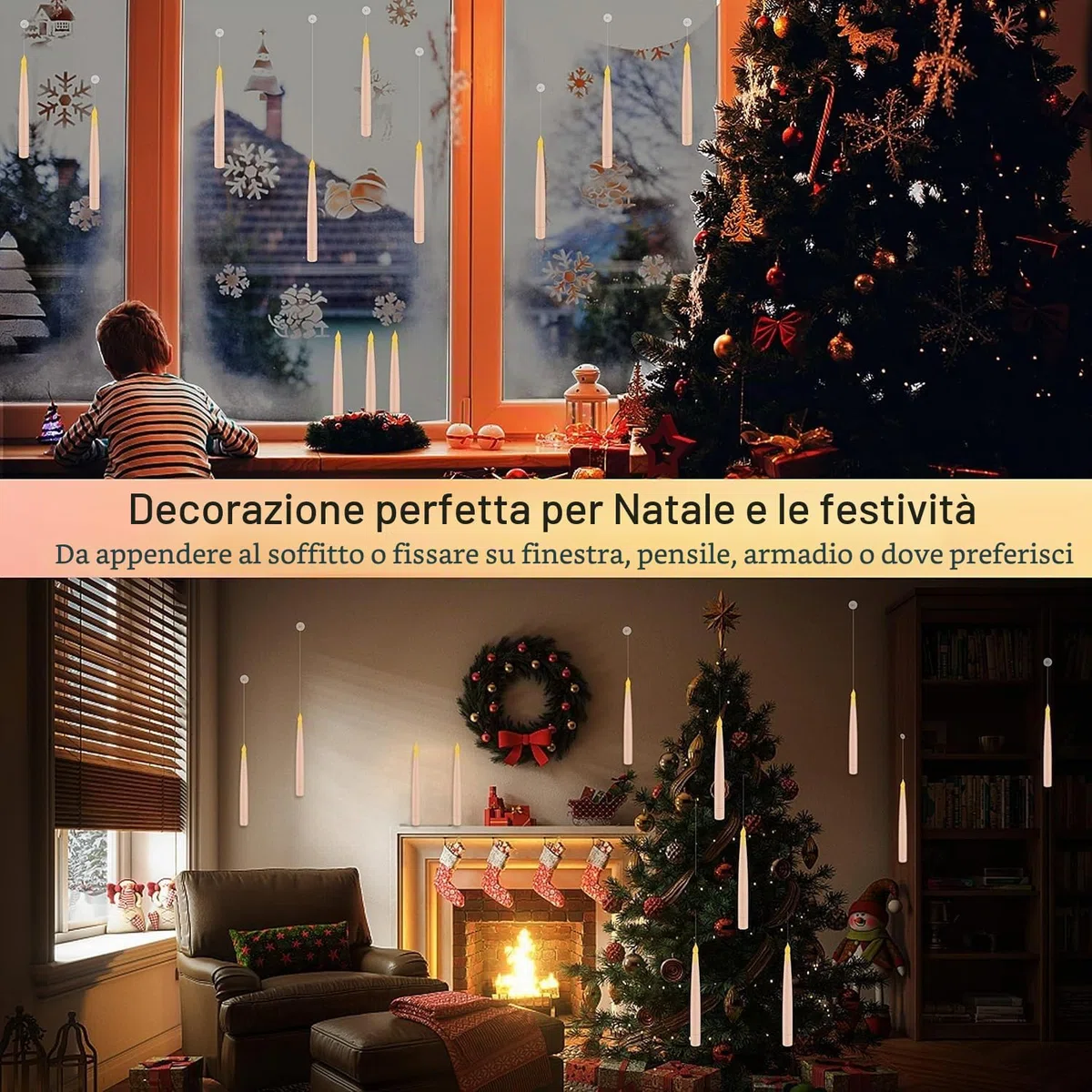 Candele LED Senza Fiamma con Telecomando a Bacchetta Magica, 12 Floating Candles da Appendere, Luce Calda Lampeggiante Candela LED, Candela Conica Elettrica per Natale, Halloween
