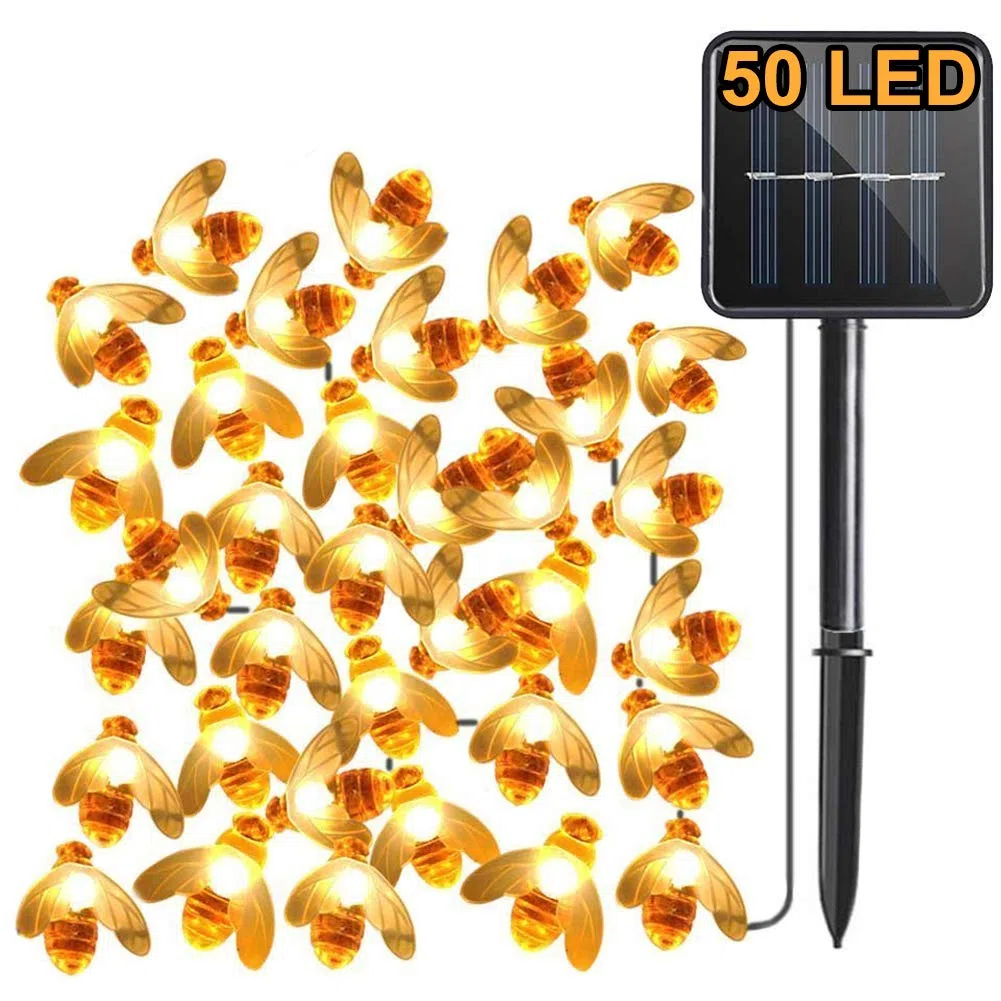 Solare Luci da giardino, 7M 50 LED Ape, 8 modalità Stringa di luce, IP65 impermeabile Illuminazione esterna, Illuminazione solare per Casa, patio, recinzione, festa, Natale, albero (Bianco caldo)