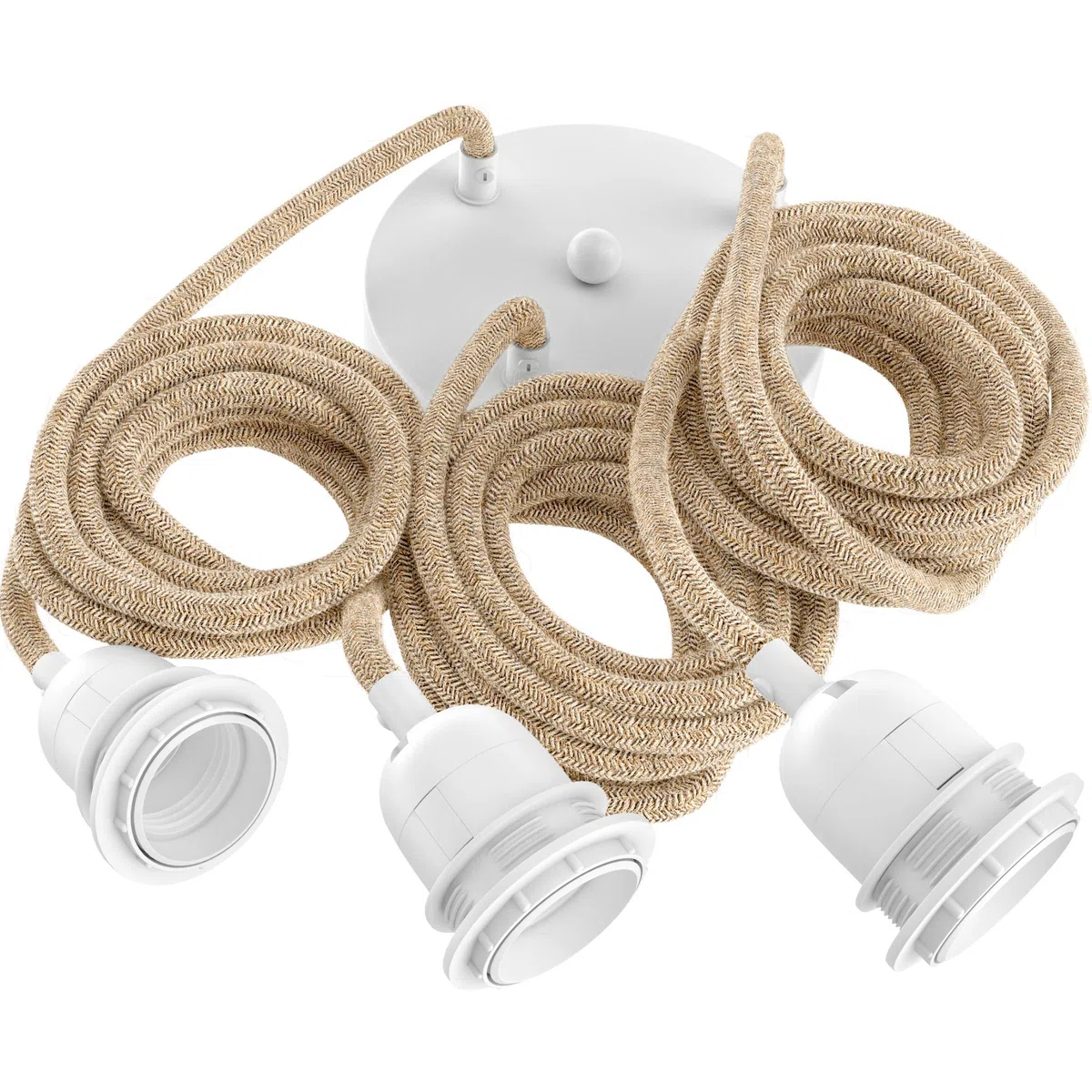 Hoopzi - Hang 3 - Lampadario a Sospensione - 2,5 Metri - Cavo Elettrico Tessuto - 3 X Portalampada E27 - Per Camera da Letto, Soggiorno, Cucina - Corda e bianco