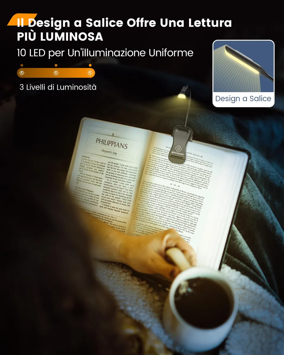 Glocusent Luce da Lettura a Letto di 10 Led è Leggera e ricaricabile, Clip-on Eyecare Luce per Leggere Fino a 80 ore, 3 Luminosità dimmerabile X 3 Modalità di Colore, Regalo per i Bambini e Viaggi
