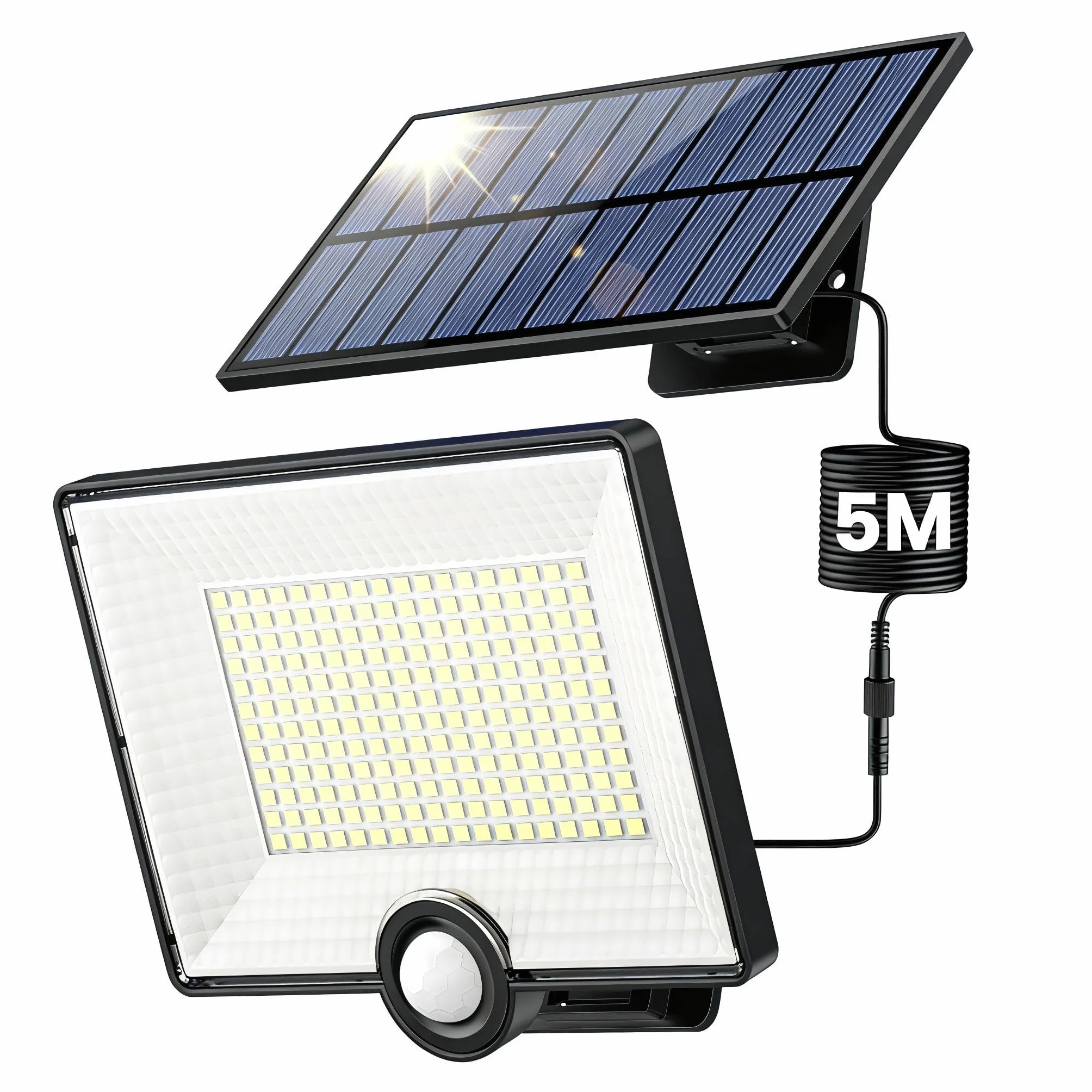 Lampada Solare da Esterno, Faretto Led da Esterno con Sensore di Movimento, 204LED 3 Modes Luce Solare Led Esterno con Pannello Solare IP65 Impermeabile, Lampioni Luci Solari con 5M Cavo-1 Pezzi