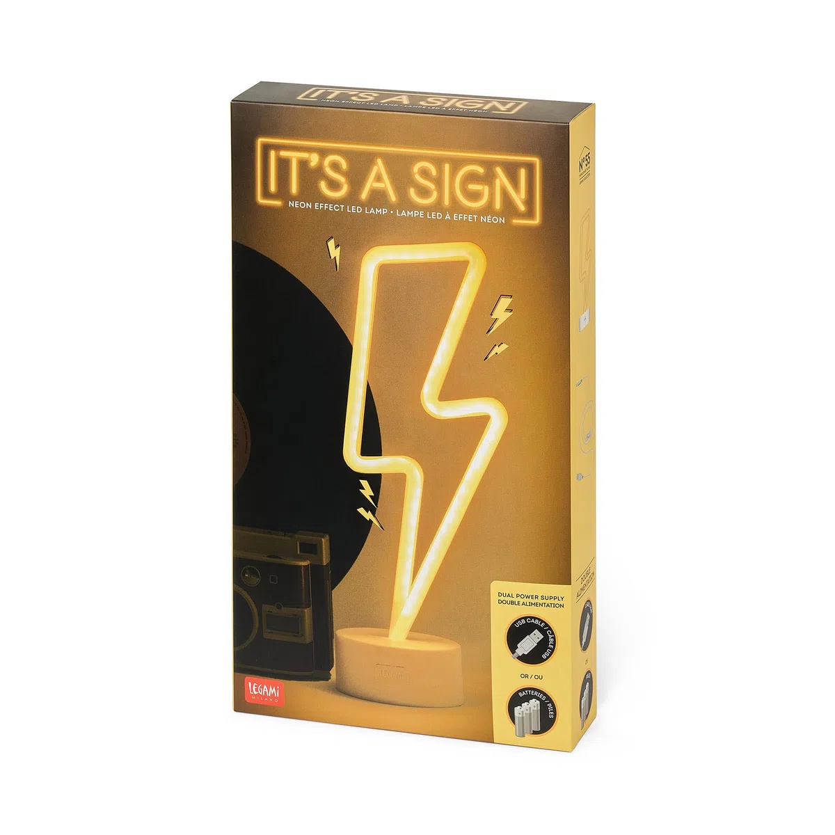 Legami - Lampada Led Effetto Neon, It's a Sign, H 31 cm, Tema Flash, Doppia Alimentazione, Cavo USB (Incluso) o Batterie (non Incluse), Lampada da tavolo, Luce Multicolore