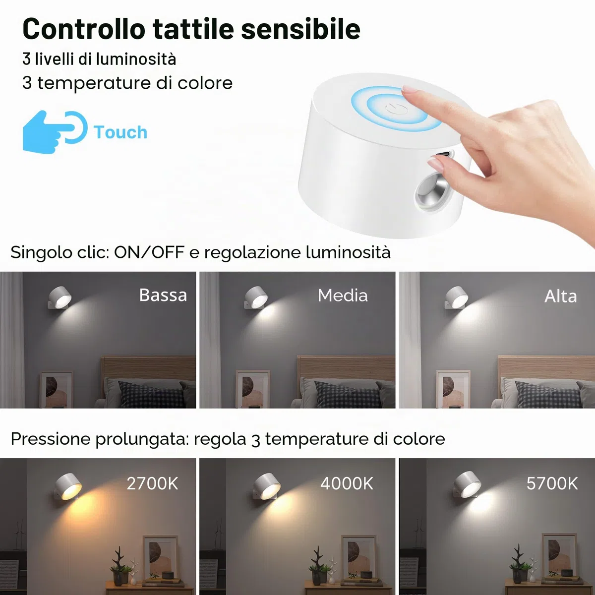 Mexllex Lampada da parete per interni, lampada da parete con ricarica USB a batteria, 3 colori e 3 livelli di luminosità Luce da parete 360° rotante Touch Control Luci da parete senza fili
