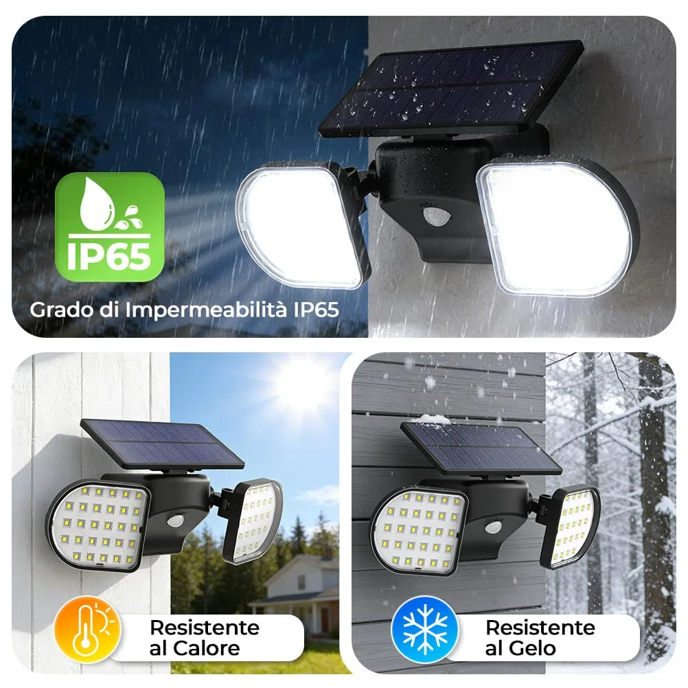 OUSFOT Faretto LED da Esterno Solare 56 LED Luce SolareLED Esterno con Rivelatore 2200 mAh, Lampada Solare da Esterno IP65 Illuminazione da Parete Esterna per Giardino, Garage