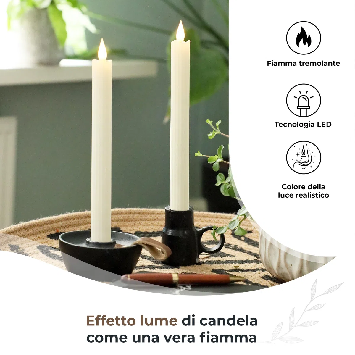 comforder Candele LED con Fiamma Tremolante in Vera Cera (Set da 2), Candele a Pile con Timer, Candele a Batteria (Crema)