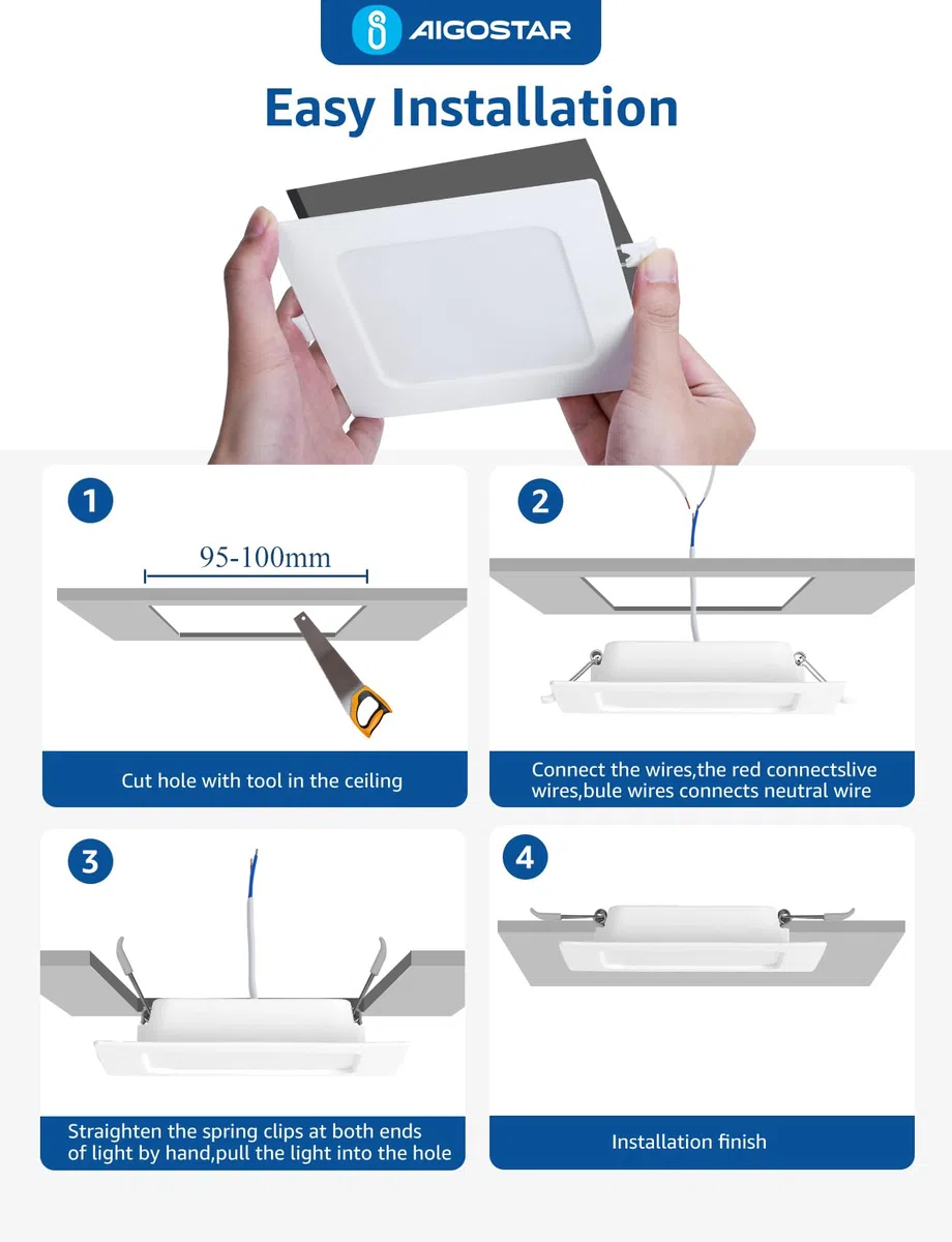 Aigostar Faretti LED da Incasso per Cartongesso Confezione da 6 W 620LM Faretto led interno,6500K luce bianca fredda,Faretto led incasso Adatto a camera da soggiorno,cucina,corridoio.Ф95-100mm