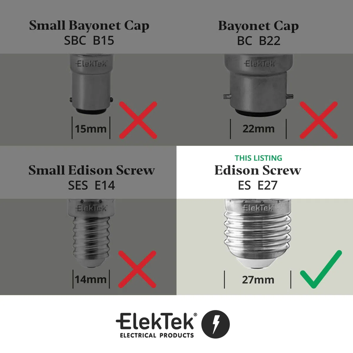 ElekTek ES Edison Vite E27 Portalampada a stecche fisse con gonna liscia Ideale per il montaggio su superficie piane, Lampadine con filamento vintage Bianco Brillante