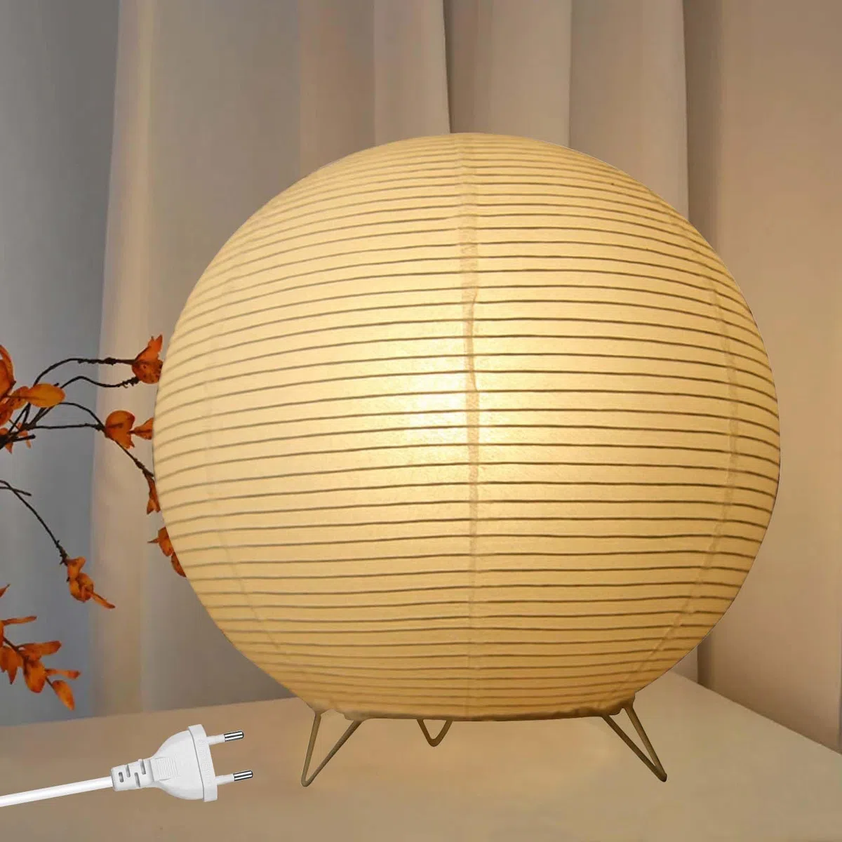 Lampada da tavolo in carta di riso, lampada da tavolo bianca, lampada da comodino, lampada da tavolo, paralume con attacco E14, interruttore e lampadina, lampada a sospensione rotonda, 1,8 m, cavo H
