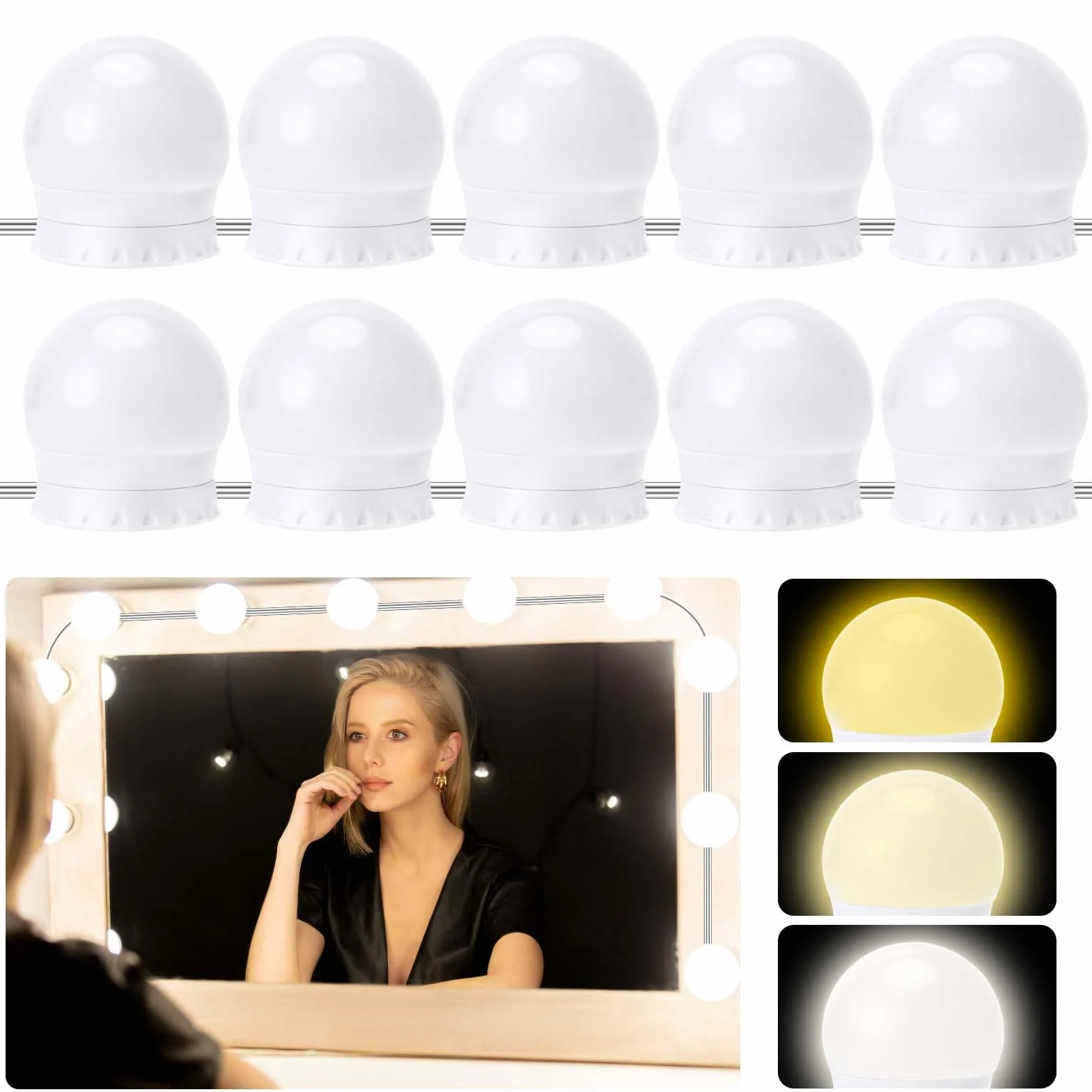 Auauraintt 10 luci LED per specchio dimmerabili Hollywood, 3 colori regolabili, lampada da toeletta, lampada da trucco, adatta per specchio da trucco, spogliatoio, bagno [classe energetica F]