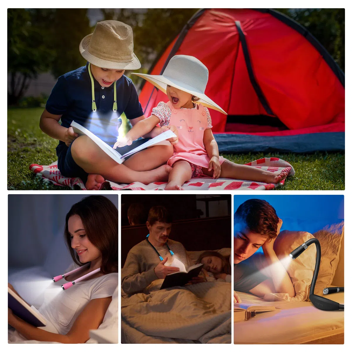 Lampada da lettura a LED a libro con luce USB ricaricabile, vivavoce, 4 lampadine a LED, 4 luminosità regolabile, per la lettura a letto o la lettura in auto (Verde)