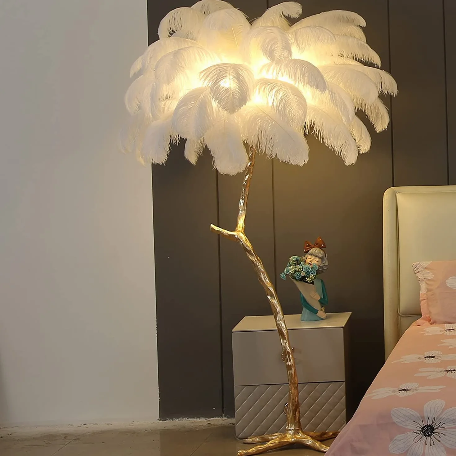 CCXXYGWJ Lampada da a LED in Resina dimmerabile con Piume di Struzzo Naturale e – Ele Illuminazione per Camera da Letto, Ufficio, casa e Decorazioni Glamour