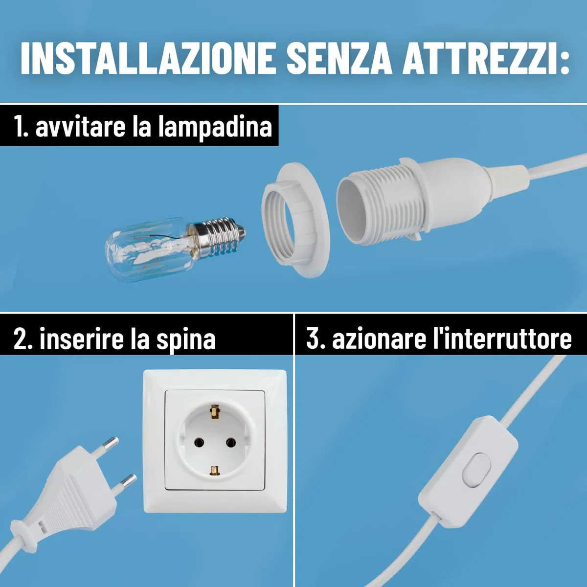 greate Portalampada E14 con cavo e interruttore bianco 3,5 metri - Porta lampadina E14 con spina max. 60W 250V