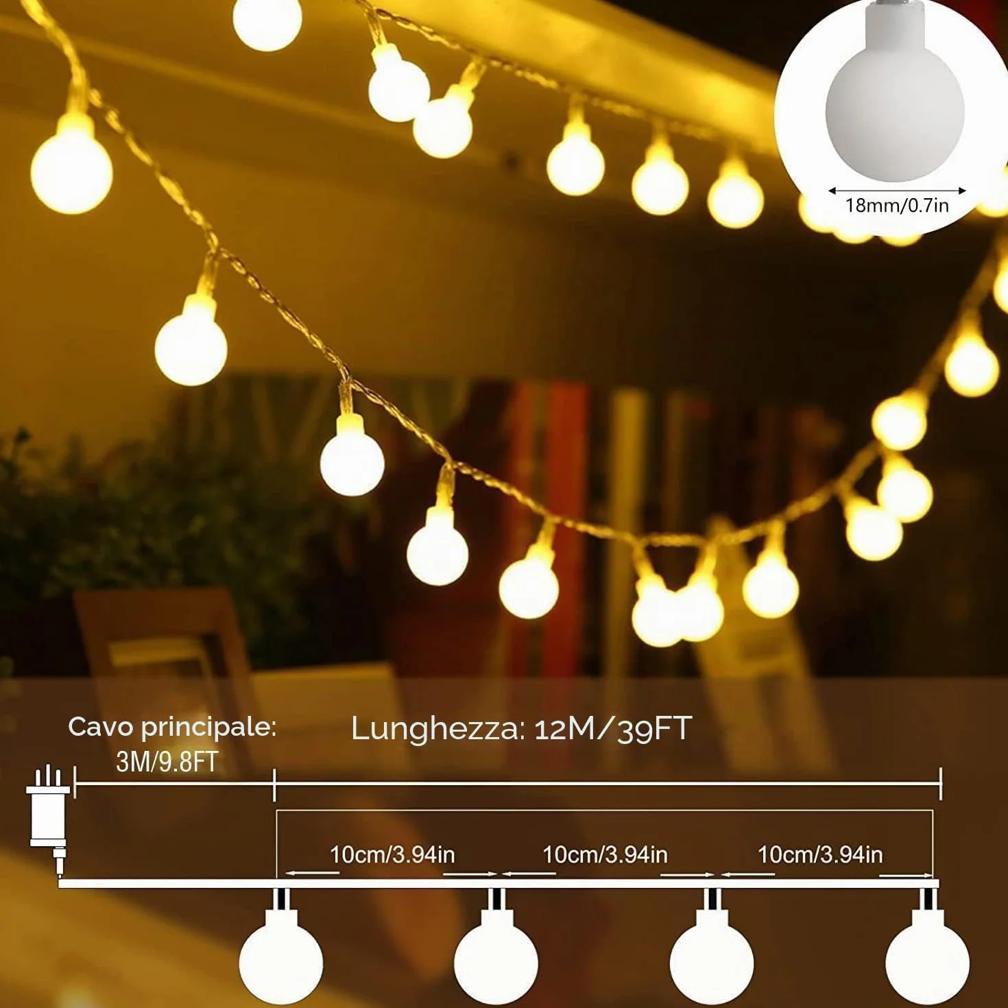Augone Catena luminosa a sfera [120 LED], 12M 8 modalità e funzione Merk, catene luminose da esterno/interno con spina, decorazione ideale per feste, stanza dei bambini, illuminazione natalizia.