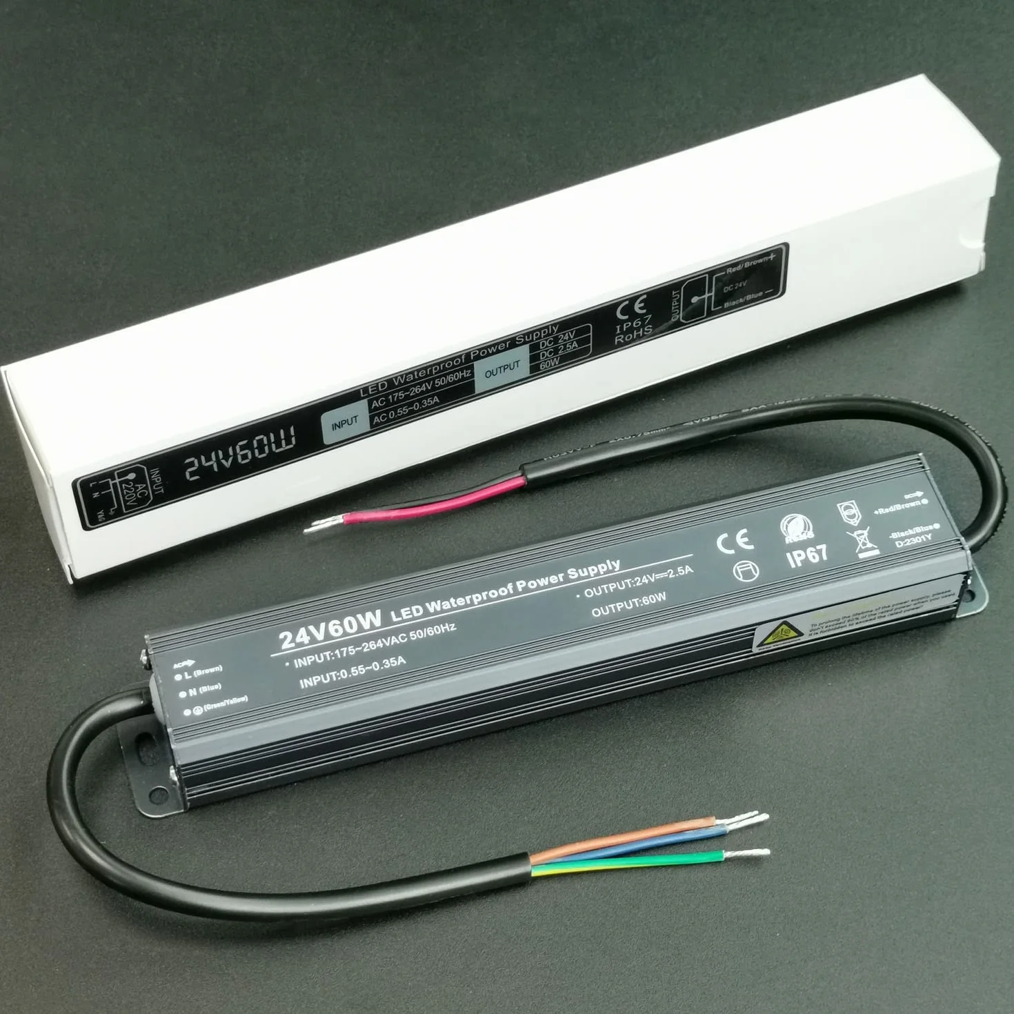 Trasformatore 220v 24v 60W, Alimentatore LED 24v Impermeabile IP67, Trasformatore 2,5A per Luci LED, Cartelloni Pubblicitari e Telecamera di Sicurezza Esterno
