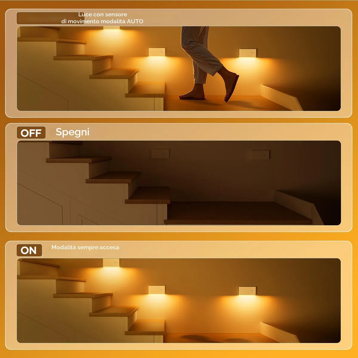 Luce Notturna con Sensore di Moviment, 4 Pezzi Ricaricabile Luce Notturna a Led ON/OFF/AUTO Modalità, 2700K Bianco Caldo Luce Bambini per Scale Corridoio Camera da Letto Soggiorno