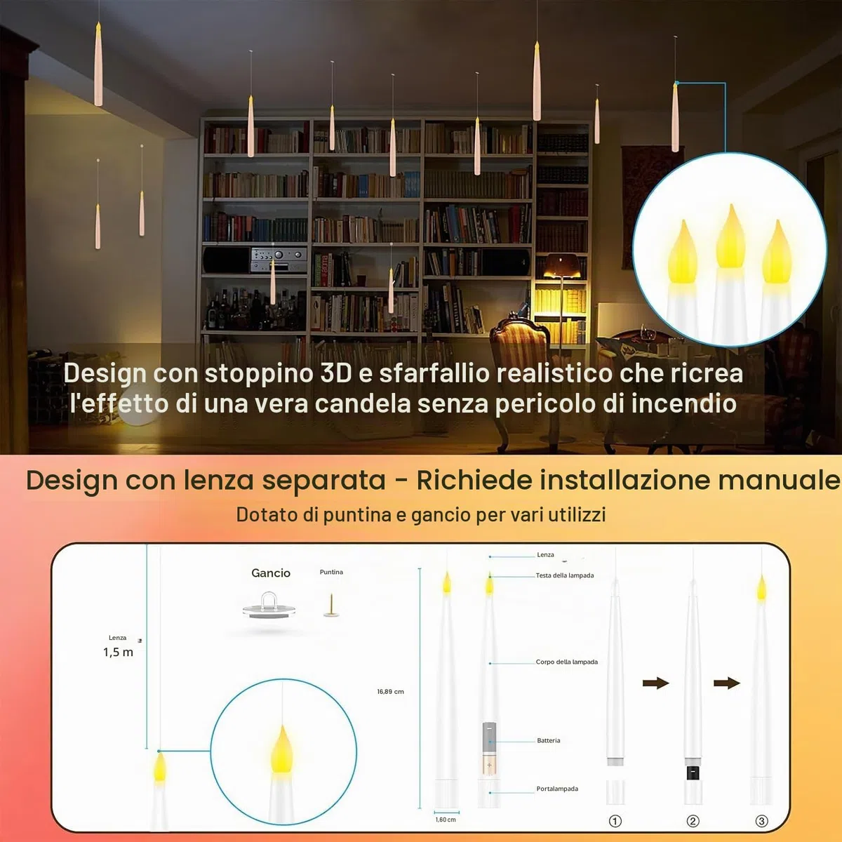 Candele LED Senza Fiamma con Telecomando a Bacchetta Magica, 12 Floating Candles da Appendere, Luce Calda Lampeggiante Candela LED, Candela Conica Elettrica per Natale, Halloween