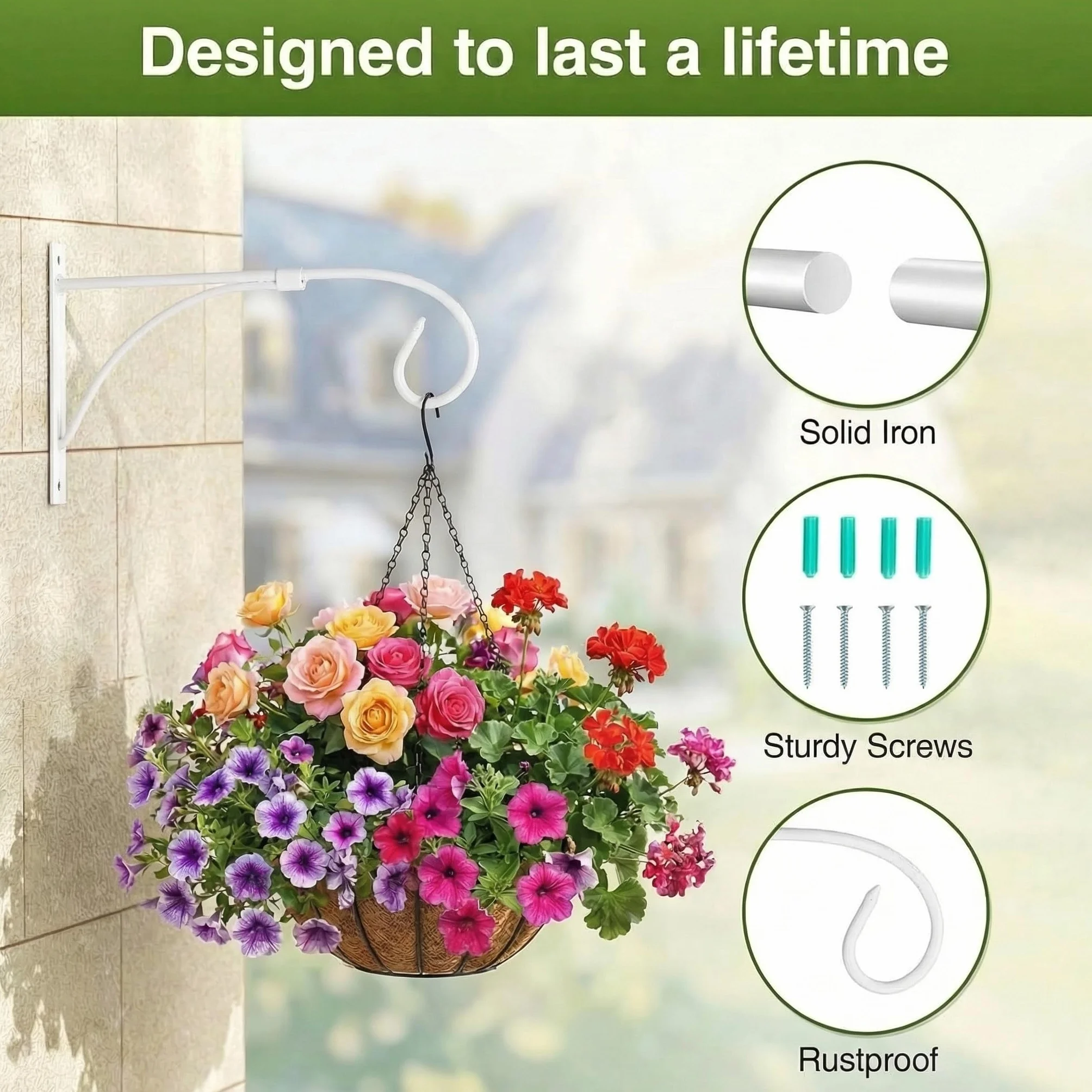 Nuptio 2 Pezzi Staffa per Cesto Appeso Bianco, Staffe per Appendere Parete Ganci, Staffa per Piante Sospese, Ganci per Appendere Giardino, Staffa per Esterni Vasi Fiori Piante Lanterne Mangiatoie