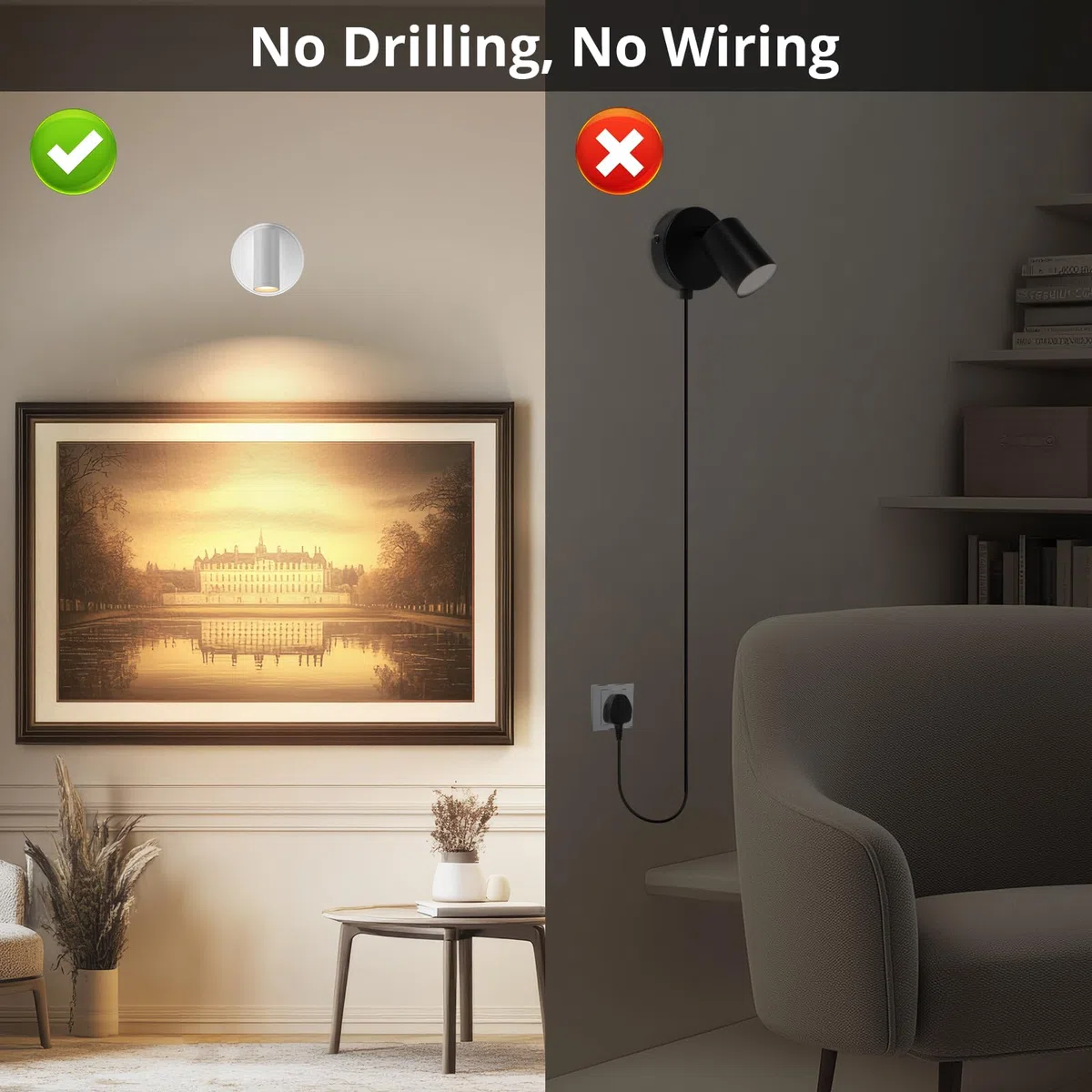 TaoFiaCo Faretti LED Ricaricabili da Parete per Interni Bianco - Lampada da parete USB con Telecomando 3 Colori Dimmerabili - Faretto LED Wireless per Illuminazione di Quadri Piante Camera da Letto