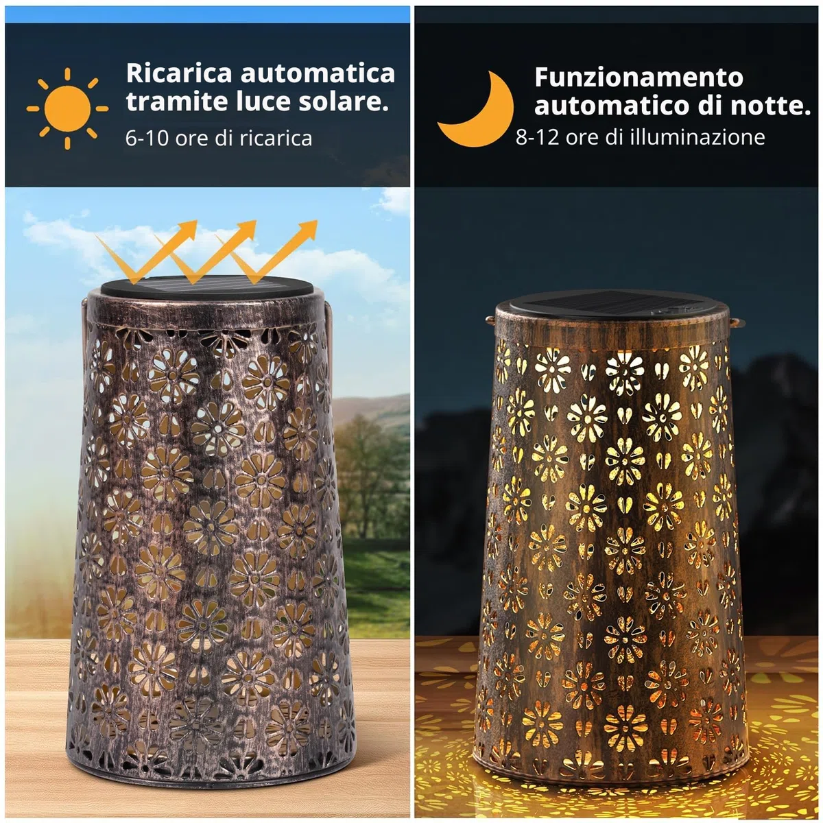 Lanterna Solare da Esterno, 2 Pezzi Metallo Lanterne Solari da Esterno IP65 Impermeabile LED Luce Retro Illuminazione per Esterni Patio Giardino Balcone Terrazza Festa Decorazione