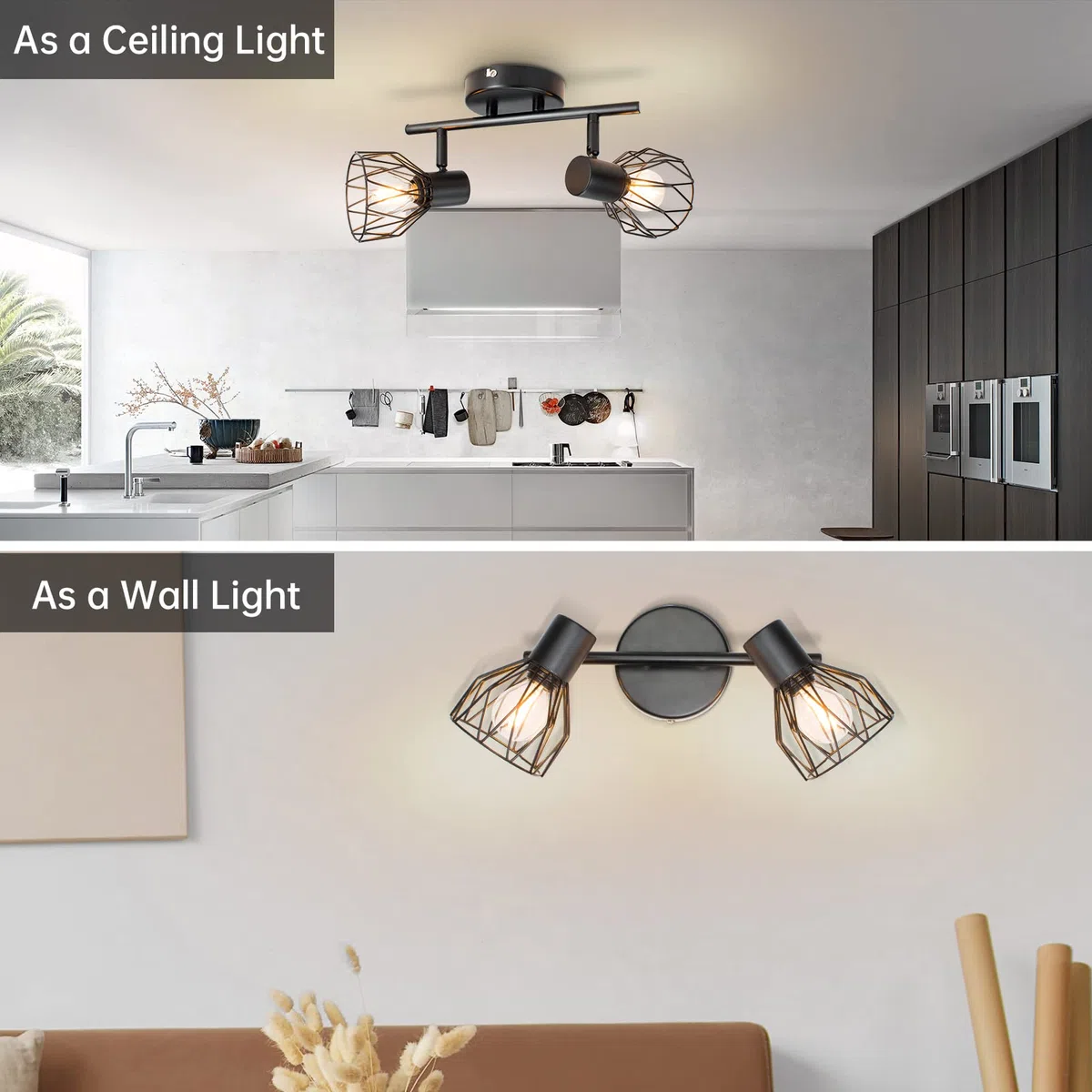 Faretto Led Interno da Soffitto Nero, Lampada Vintage Industriale E14, Luci da Soffitto per 2 Lampadine E14 non Incluse, Faretti da Parete Orientabili per Soggiorno Camera da Letto, Max 40W